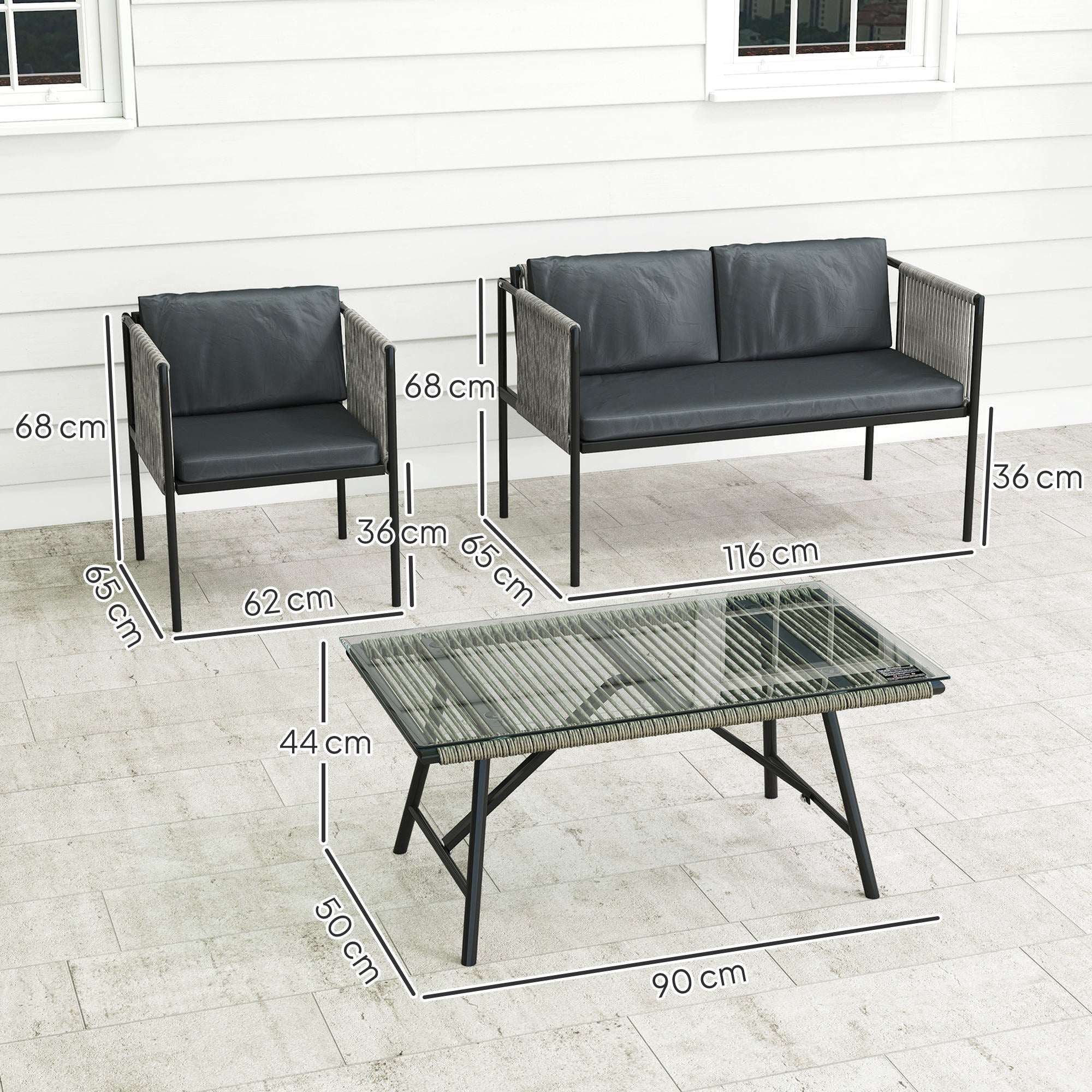Outsunny 4 Piece Rattan Garden Furniture Set, 4 Seater Wicker Outdoor Furniture Set with 2 Armchairs, Loveseat, Glass Top Coffee Table and Cushions for Balcony, Porch, Grey - North Peak Garden Furniture