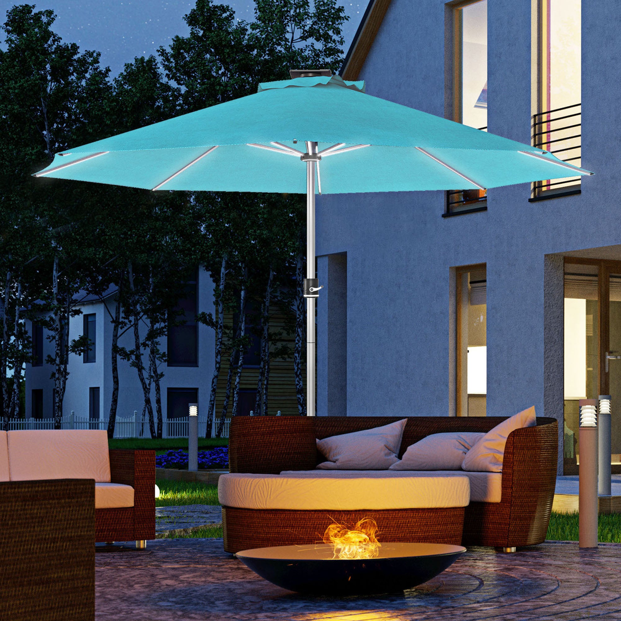 Outsunny 3m Parasol, with Solar-Powered LED Lights - Blue - North Peak Garden Furniture