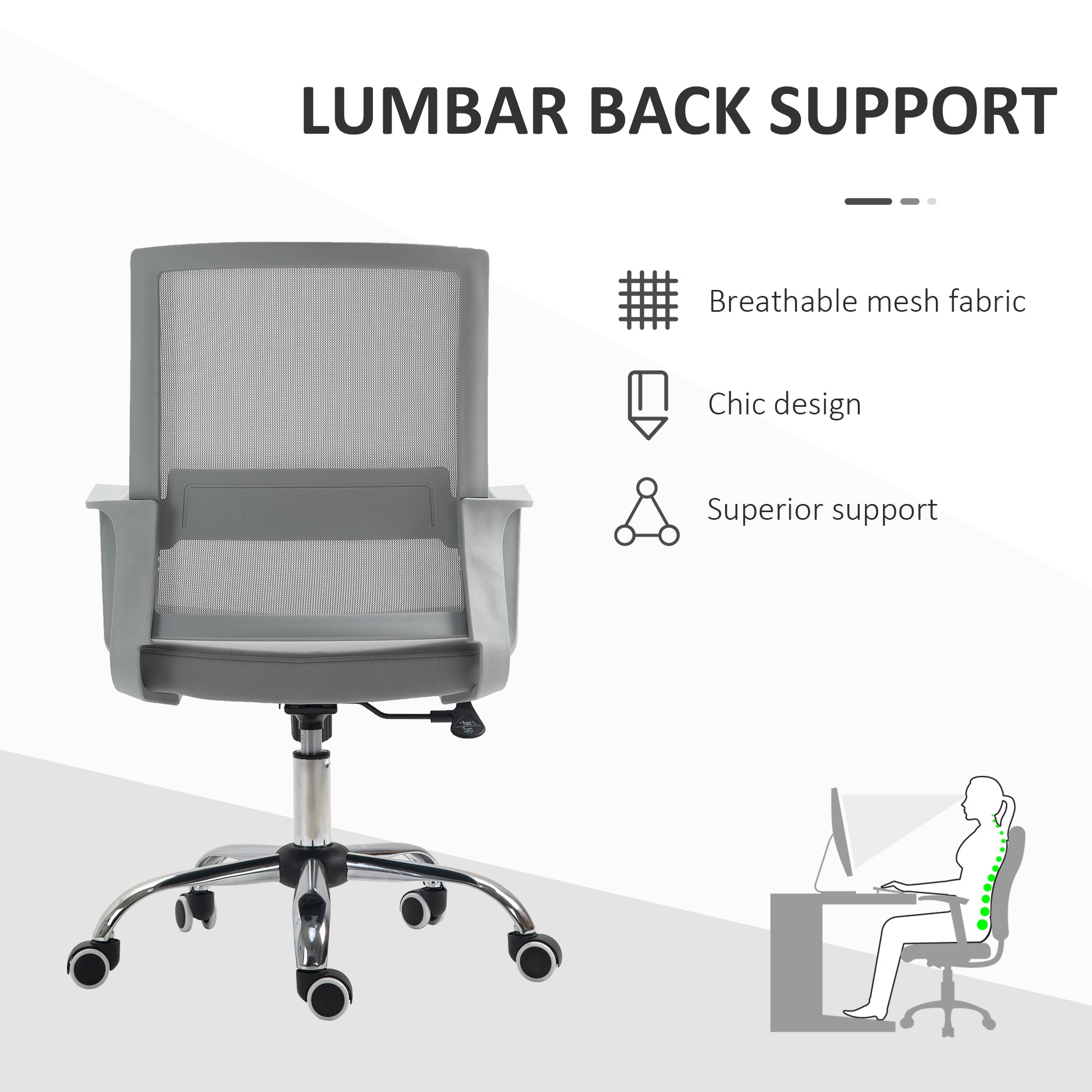 Vinsetto Ergonomic Desk Chair Mesh Office Chair with Adjustable Height Armrest and 360° Swivel Castor Wheels Grey - North Peak Garden Furniture