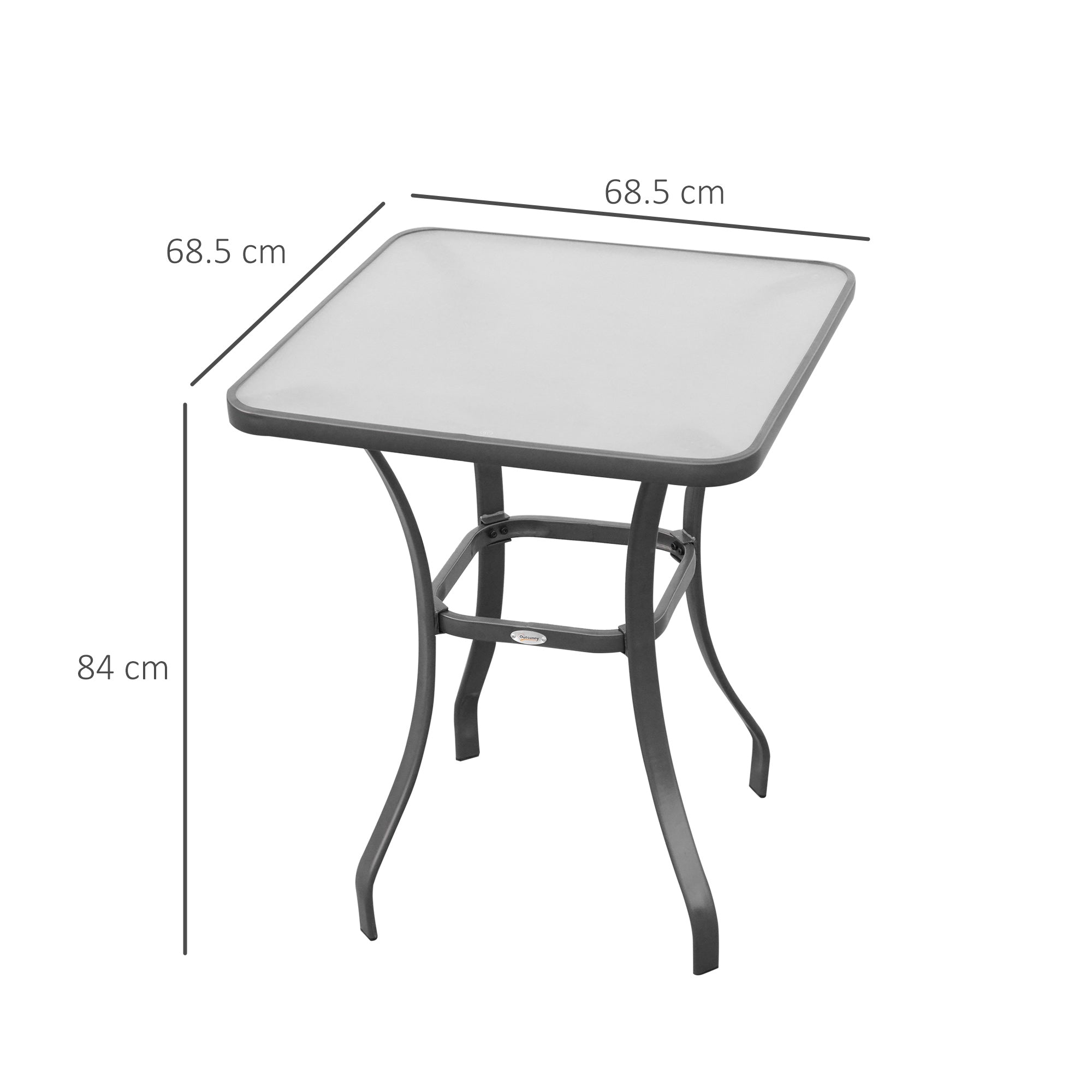 Outsunny Square Garden Table, Outdoor Coffee Table with Tempered Glass Top, Bar Bistro Dining Table, Metal Frame for Patio, Balcony, 68.5 x 68.5 x 84cm - North Peak Garden Furniture