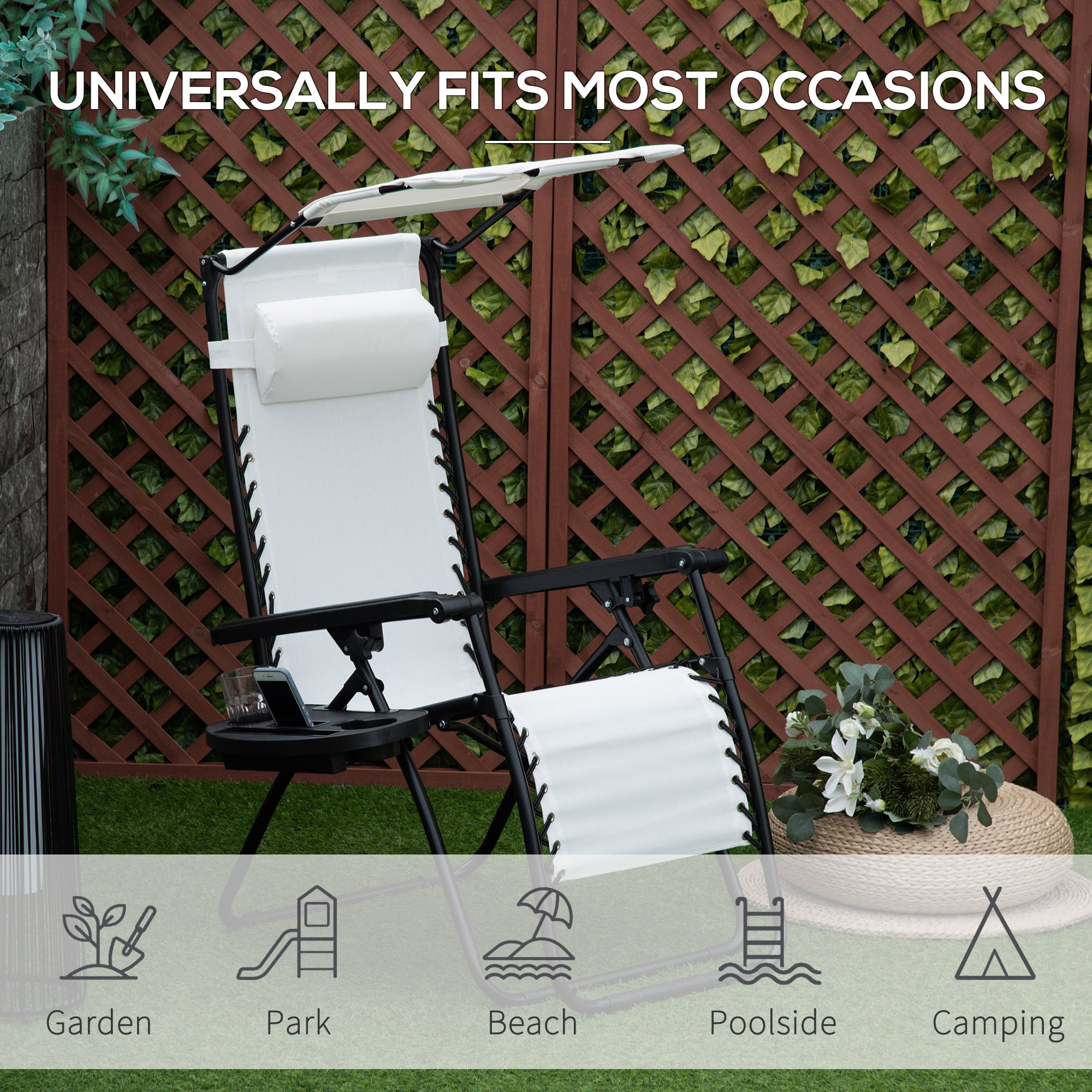 Outsunny Zero Gravity Garden Folding Patio Sun Lounger w/Cup Holder & Canopy Shade White - North Peak Garden Furniture
