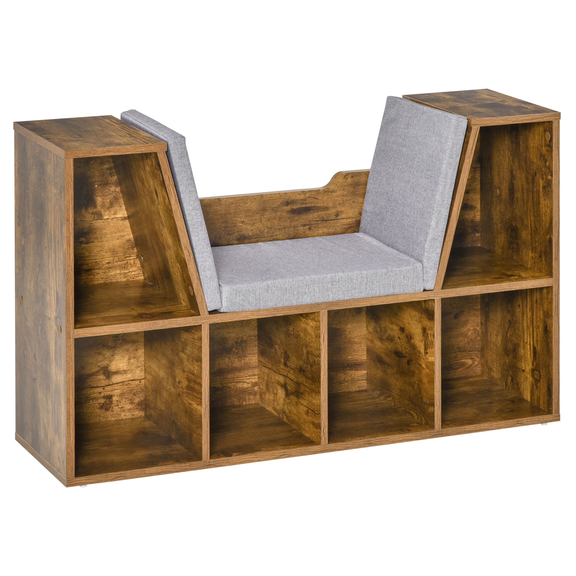 HOMCOM Bookcase Storage Shelf with Cushioned Reading Seat, Cube Bookshelf Organizer for Bedroom Living Room, Rustic Brown - North Peak Garden Furniture