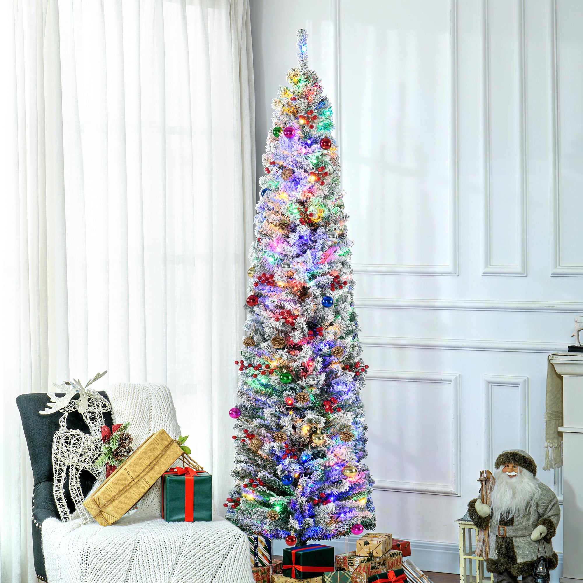 HOMCOM 7' Artificial Prelit Christmas Trees Holiday Décor with Colourful LED Lights, Flocked Tips, Berry, Pine Cone - North Peak Garden Furniture