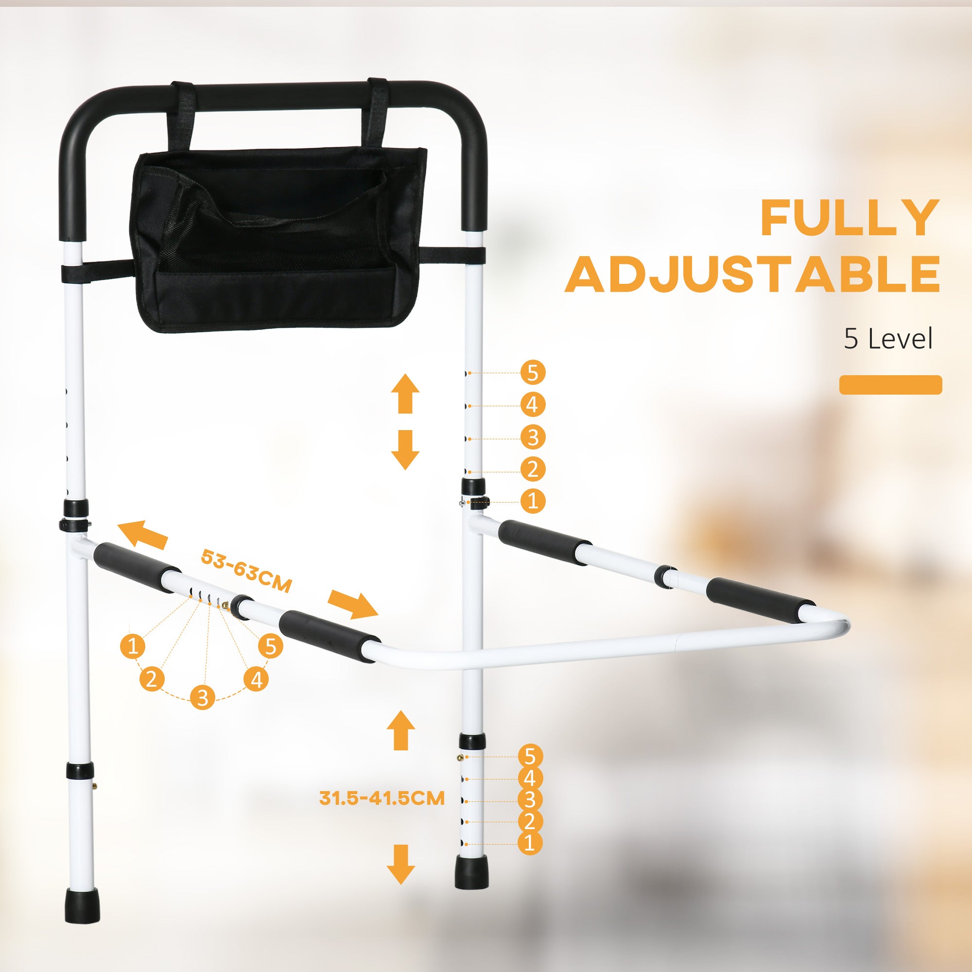 HOMCOM Safety Bed Rail, Height Adjustable Bed Assist Rail with Storage Pocket, Grab Bar for Disabled and Senior, White - North Peak Garden Furniture