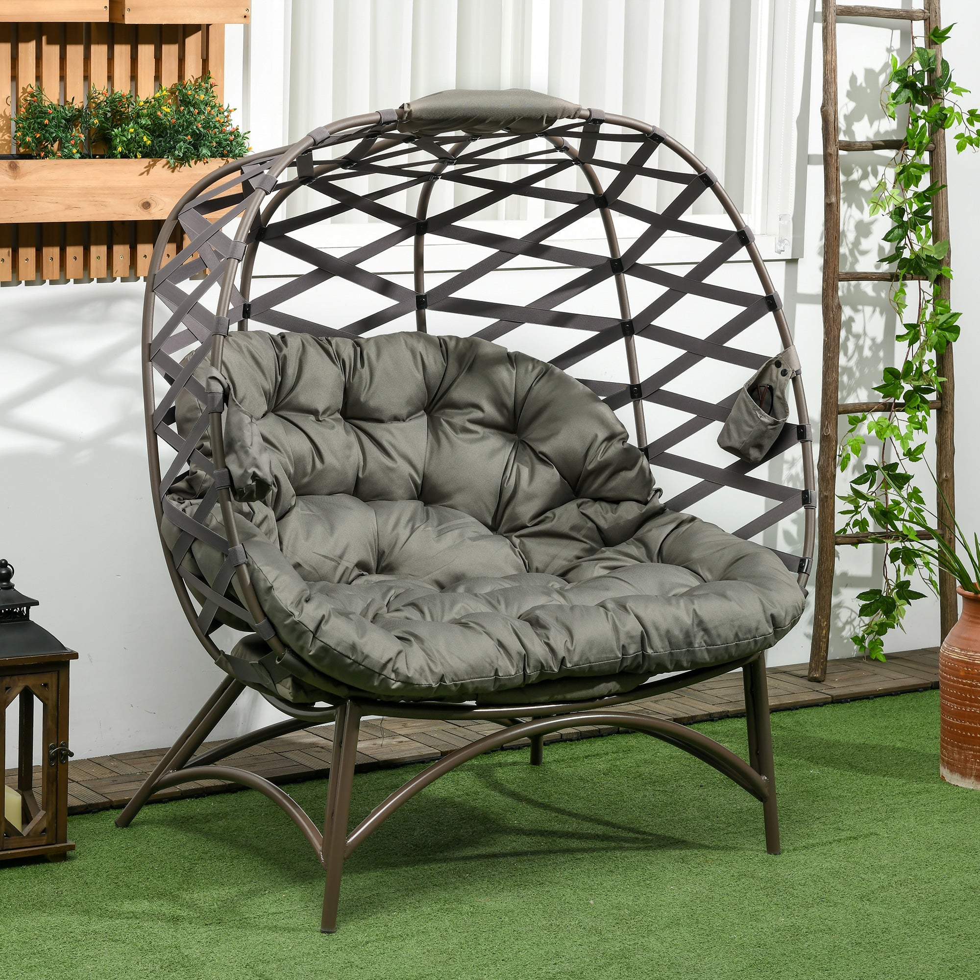 Outsunny 2 Seater Egg Chair Outdoor, Folding Weave Garden Furniture Chair with Cushion, Cup Pockets - Sand Brown - North Peak Garden Furniture