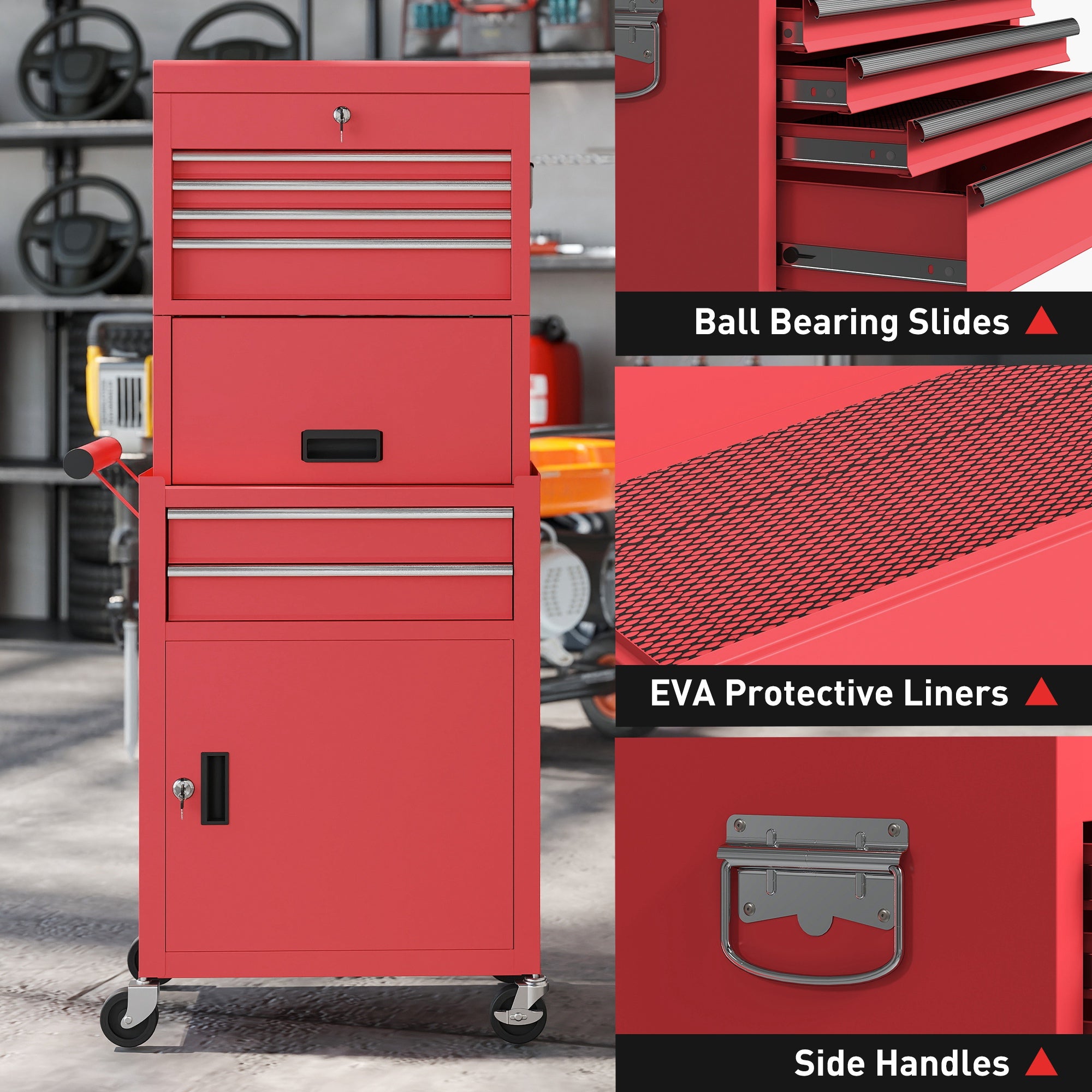 HOMCOM Three-Part Steel Locking Tool Chest - Red