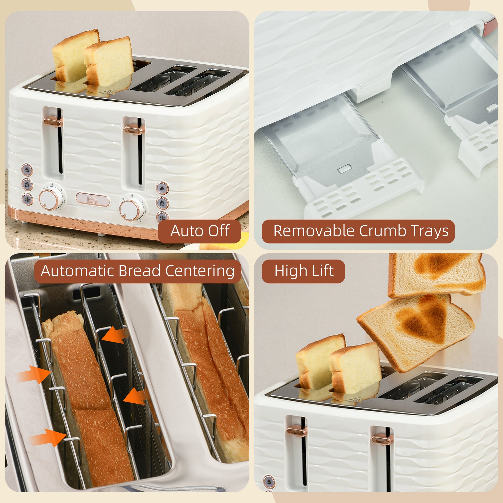 HOMCOM 4 Slice Toaster with 7 Browning Levels, High Lift, Reheat/Defrost/Cancel, Self-centring Function, Removable Crumb Tray, Auto Off, 1600W, Cream White Water Ripple Texture - North Peak Garden Furniture