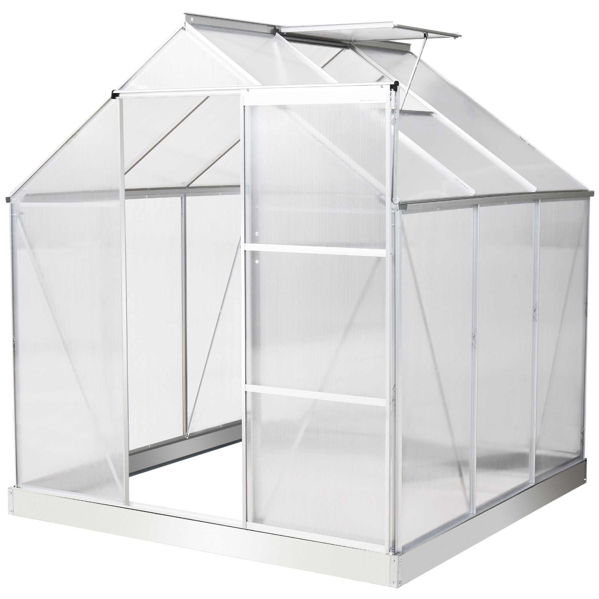 Outsunny 6 x 6 ft Walk-In Greenhouse Polycarbonate Lean to Greenhouse Grow House w/ Aluminium Frame, Sliding Door, Adjustable Window