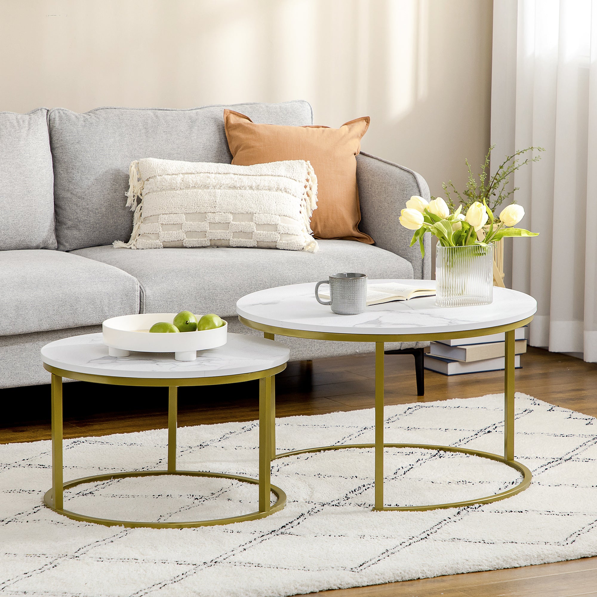 HOMCOM Coffee Table Set of 2, Round Nest of Tables with Faux Marble Tabletop and Metal Frame, Modern Side Tables for Living Room, White - North Peak Garden Furniture