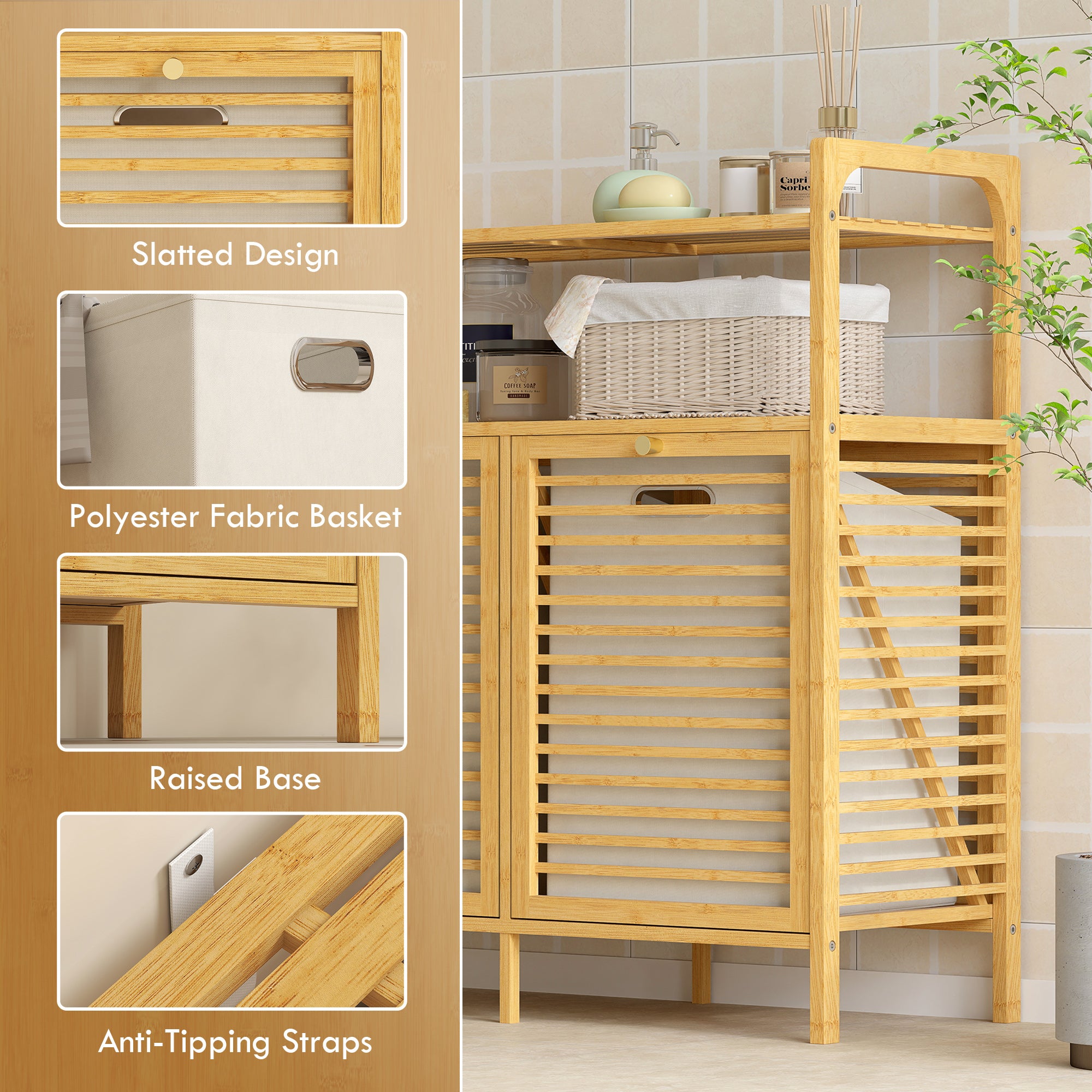 HOMCOM Double Tilt Out Bamboo Laundry Cabinet, Freestanding Bathroom Cabinet with 2 Removable Baskets, Natural