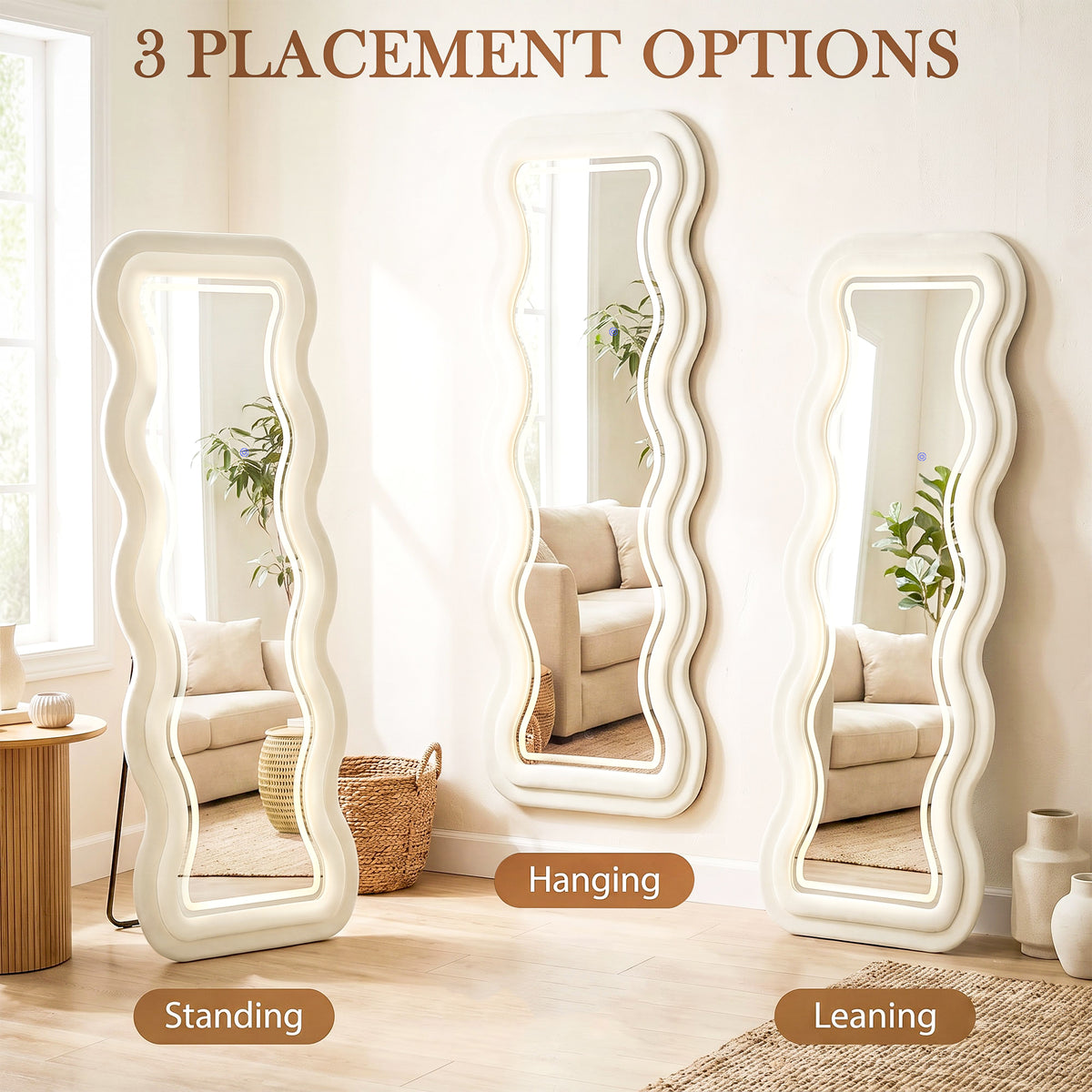 HOMCOM Full Length Mirror, 160 x 60 cm Wavy Full Body Wall Standing Mirror with Velvet Frame and LED Light Strip, Cream White