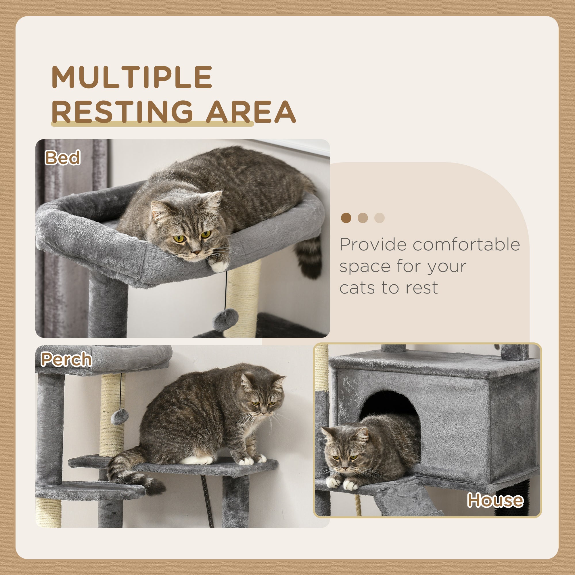 PawHut Cat Tree Tower for Indoor Cats, with Scratching Post, Cat House, Toy, Grey - North Peak Garden Furniture