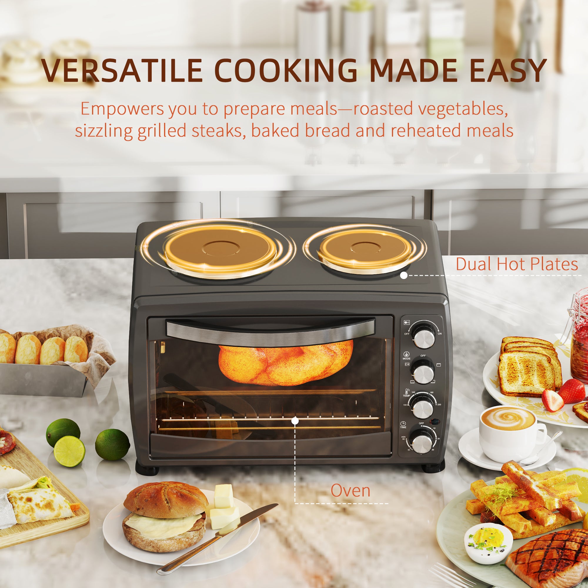 HOMCOM 36L Small Oven with 2 Hot Plates, Countertop Toaster Oven, Grill, Roast, Bake, Boil, with Timer, Adjustable Temperature, Electric Oven with Baking Tray, Grill Rack, Crumb Tray, 2600W, Black - North Peak Garden Furniture