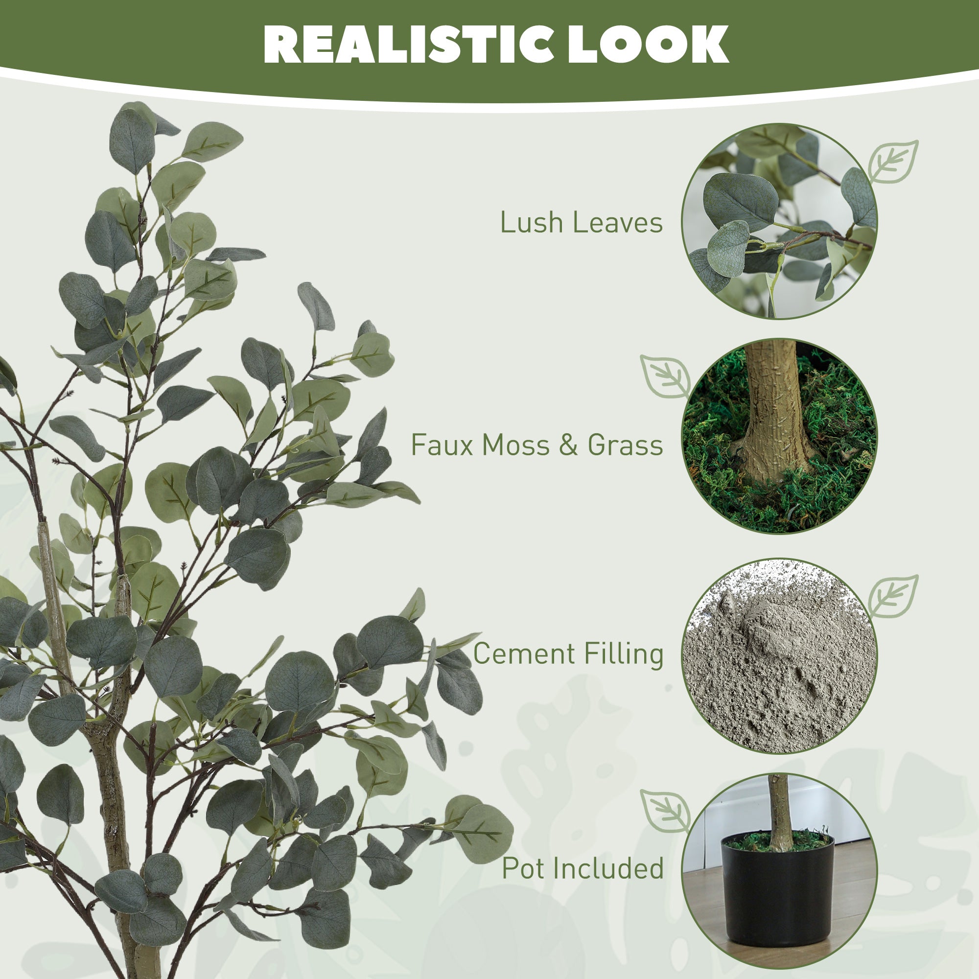 HOMCOM Decorative Artificial Plant, 5ft/ 150cm Silk Eucalyptus Tree with 230 Silver Dollar Leaves in Pot, Fake Plant for Home, Office, Living Room, Indoor Decor - North Peak Garden Furniture