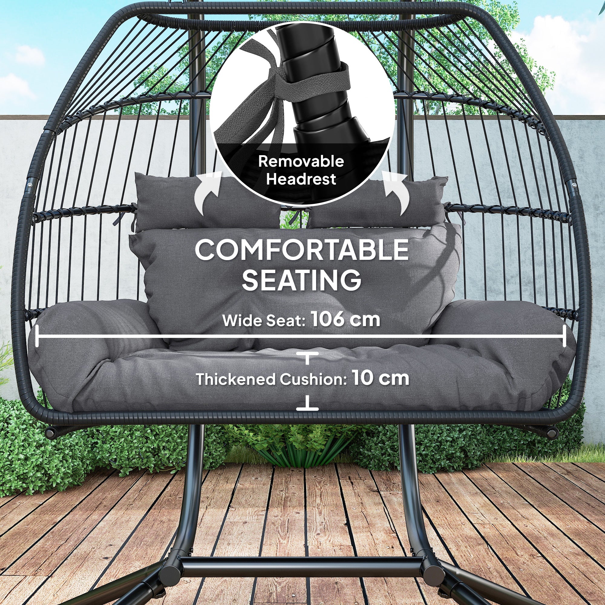 Outsunny Rattan Double Hanging Egg Chair with Stand, Foldable Wicker Swing Egg Chair with Cushion, Head Pillows, Steel Frame, Hammock Chair for Indoor Outdoor, Capacity 260 kg, Dark Grey - North Peak Garden Furniture