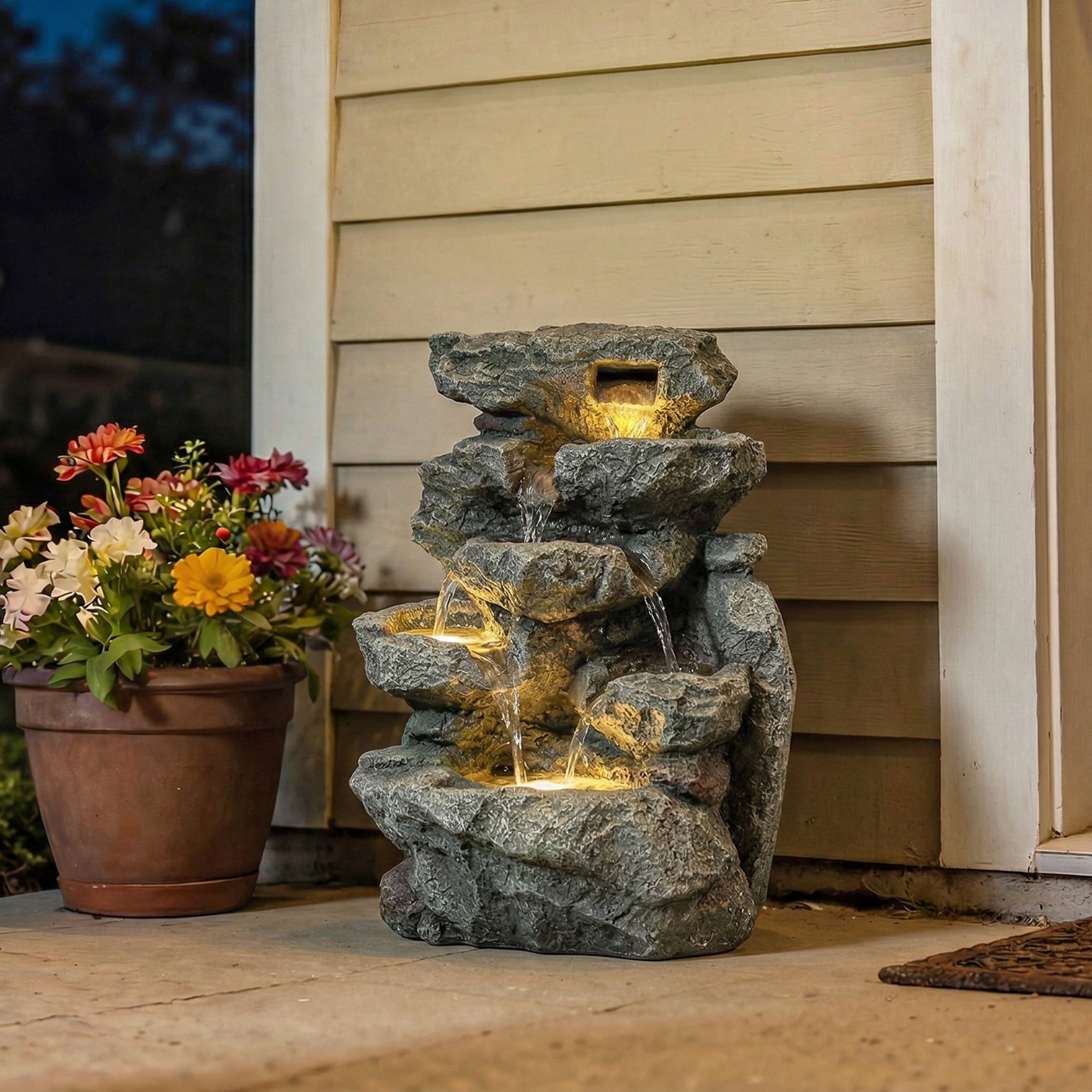 Outsunny Outdoor Fountain with 6-Tier Rock Design, Waterfall Feature with LED Lights, Resin Freestanding Garden Fountain, Grey