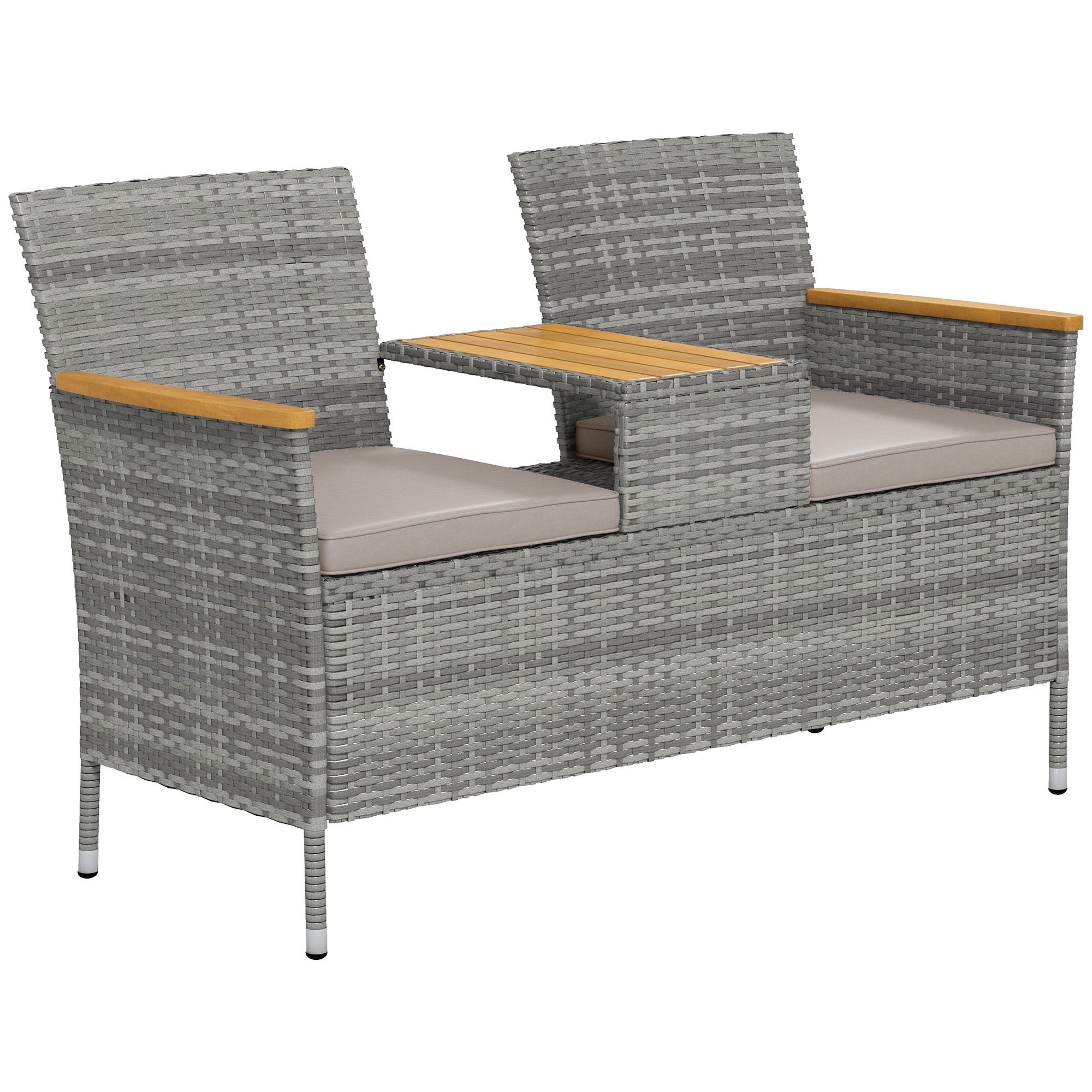 Outsunny Two-Seat Rattan Loveseat, with Wood-Top Middle Table - Grey - North Peak Garden Furniture
