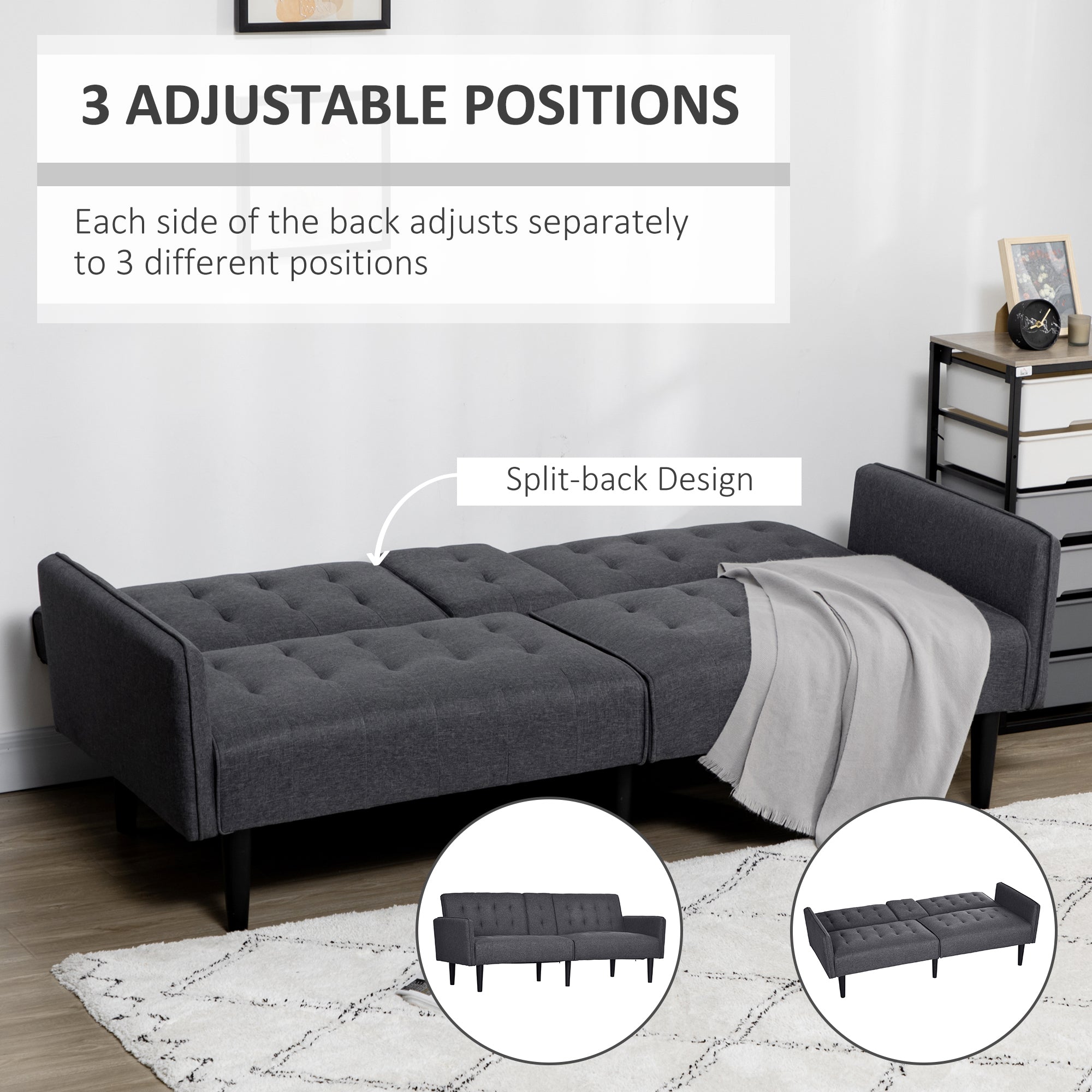 HOMCOM Upholstered Click Clack Sofa Bed, Linen-Feel 3 Seater Sofa Bed with Storage and Cupholders, Grey - North Peak Garden Furniture