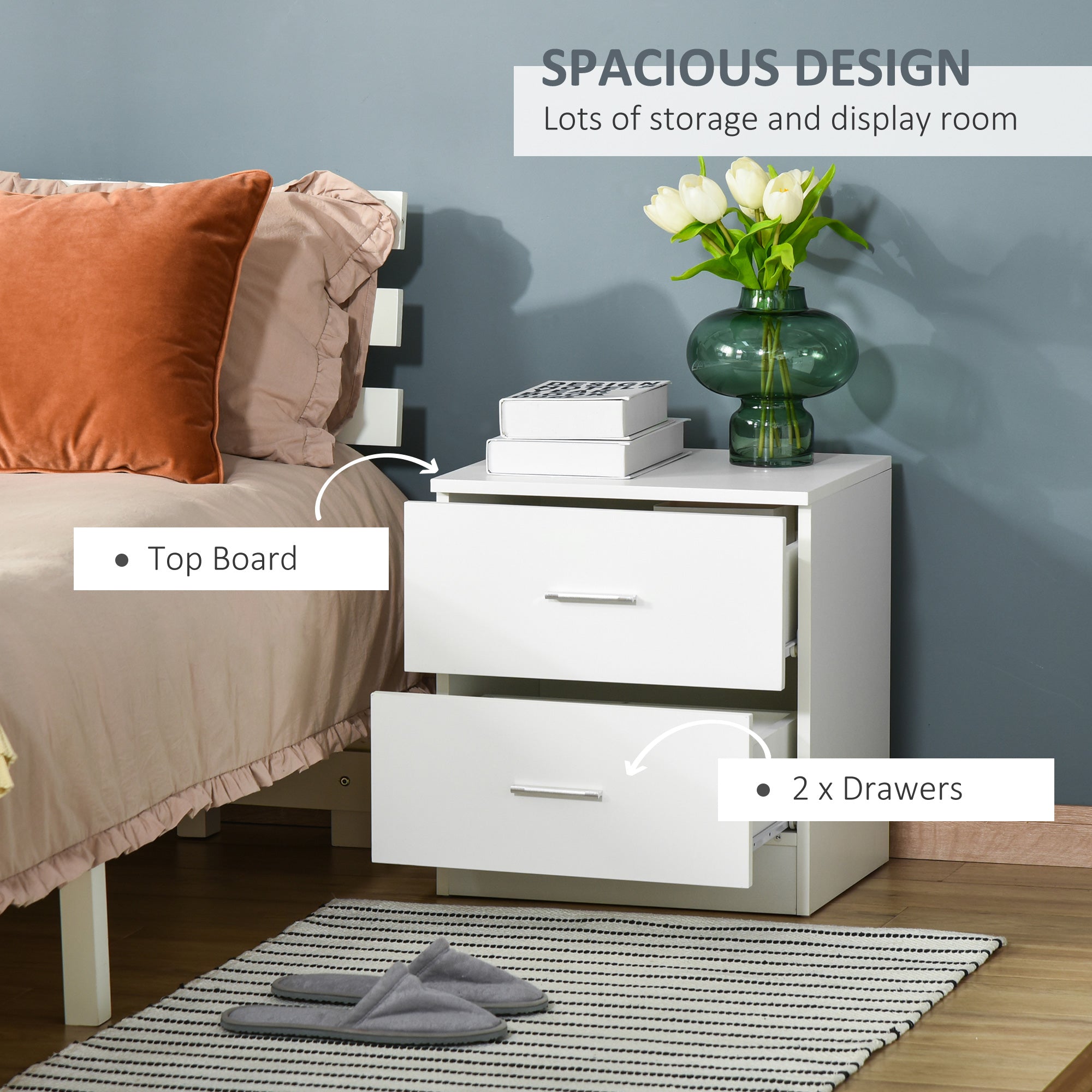 HOMCOM Bedside Table with 2 Drawers, Modern Nightstand, Cabinet Drawers Side Storage Unit for Bedroom, Living Room - North Peak Garden Furniture
