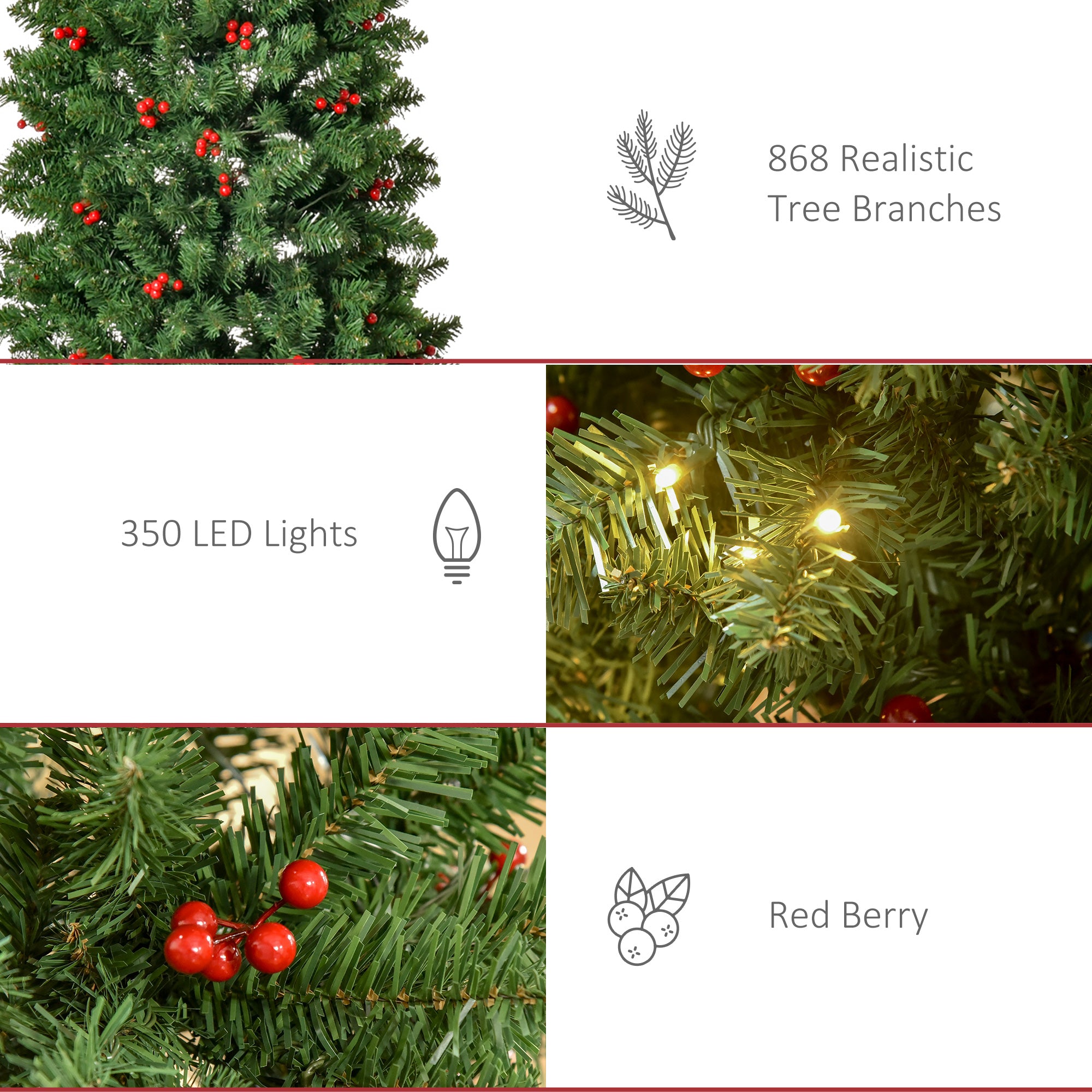 HOMCOM 7FT Prelit Artificial Pencil Christmas Tree with Warm White LED Light, Red Berry, Holiday Home Xmas Decoration, Green - North Peak Garden Furniture