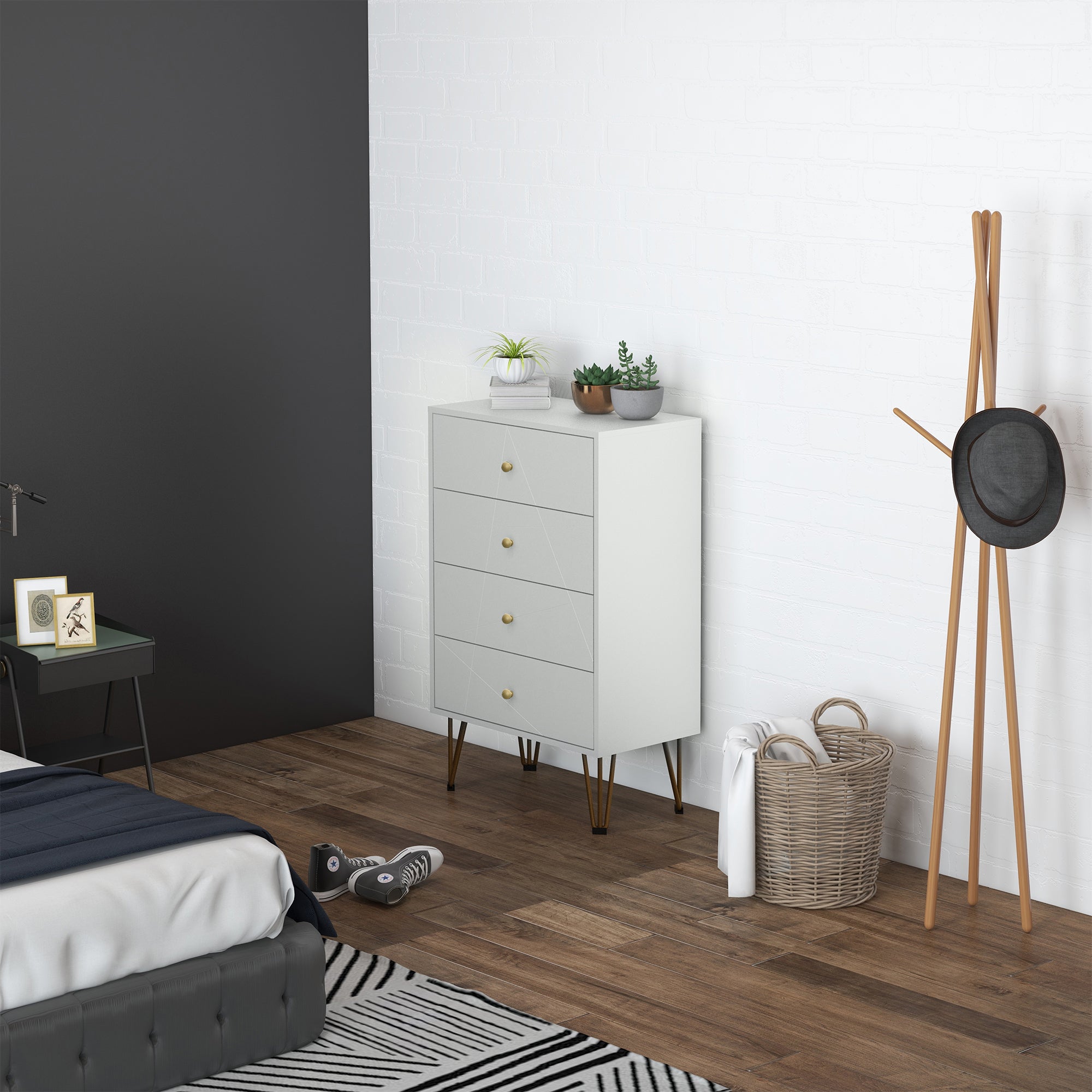 HOMCOM Tall Chest of Drawers, 4-Drawer Dresser for Bedroom, Modern Storage Cabinets with Hairpin Legs, White - North Peak Garden Furniture