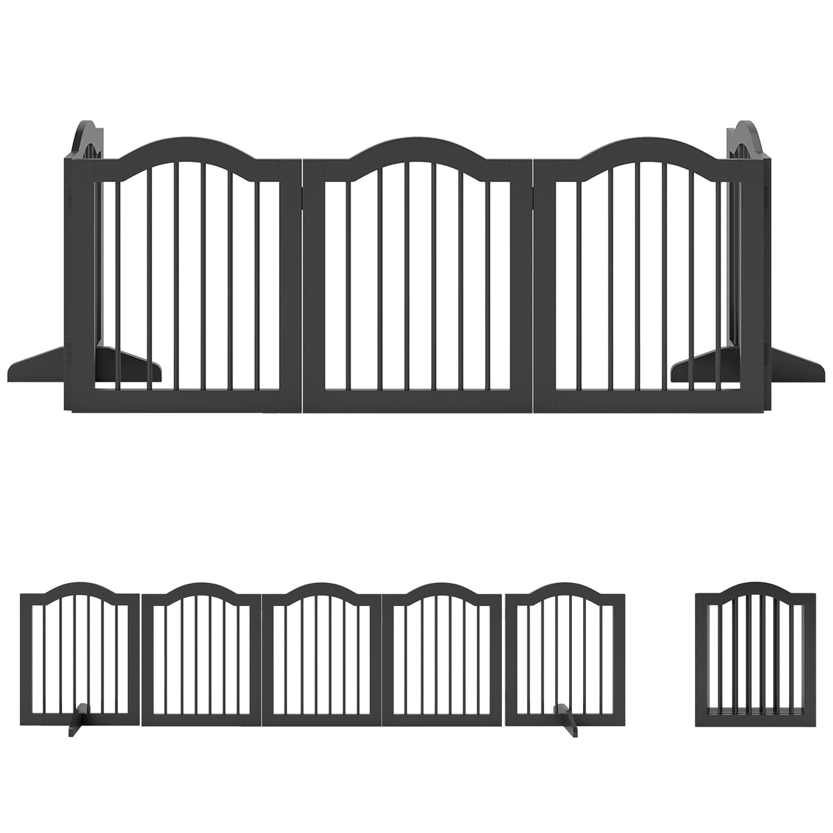 PawHut Freestanding Dog Gate Wooden Stair Gate for Dogs with Support Feet Foldable Pet Fence Safety Barrier for the House Doorway Stairs Black