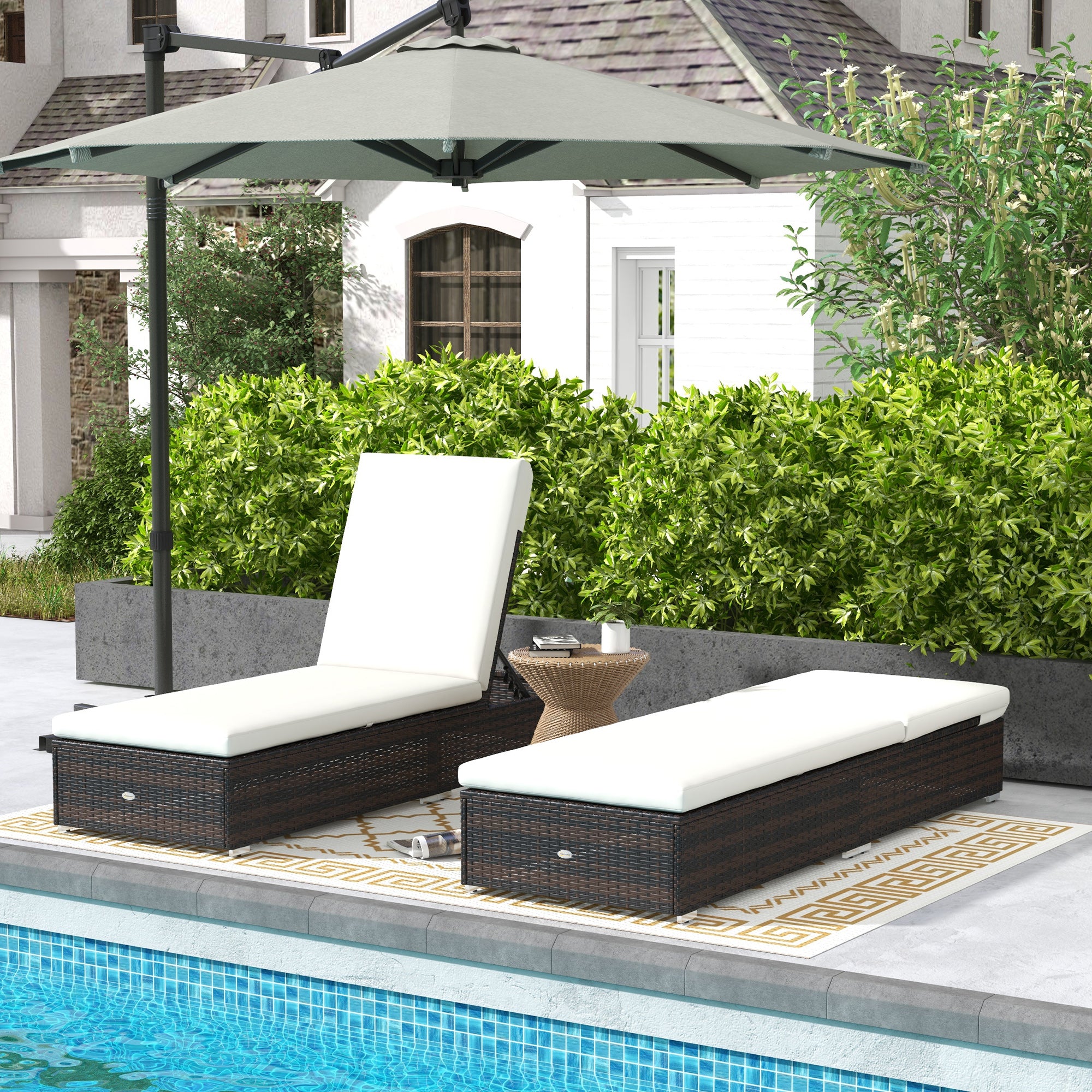 Outsunny Set of Two Rattan Sun Loungers, with Reclining Backs - Brown/Cream - North Peak Garden Furniture