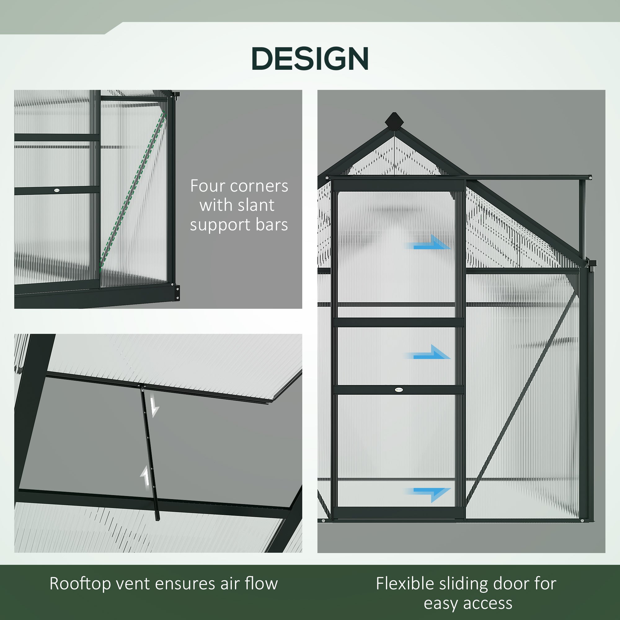 Outsunny 6 x 8ft Polycarbonate Greenhouse, Large Walk-In Green House with Slide Door and Window, Garden Plants Grow House with Aluminium Frame and Foundation, Grey - North Peak Garden Furniture
