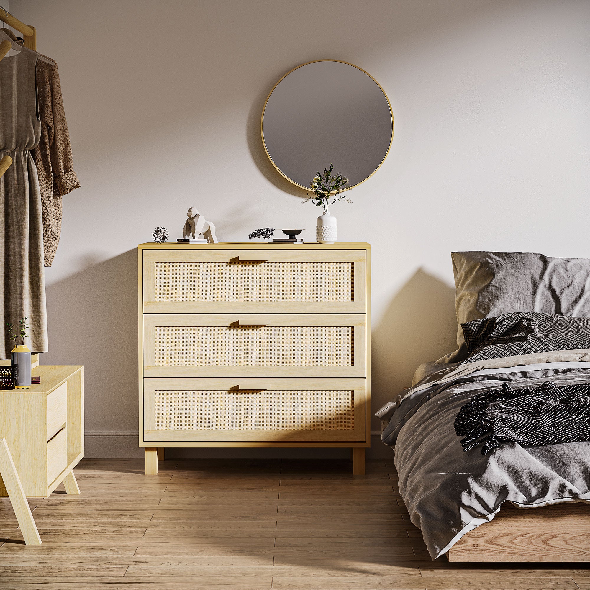 HOMCOM Rattan Bedroom Chest of Drawers, 3 Drawers Storage Unit, Boho Dresser for Living Room, Hallway, Natural - North Peak Garden Furniture