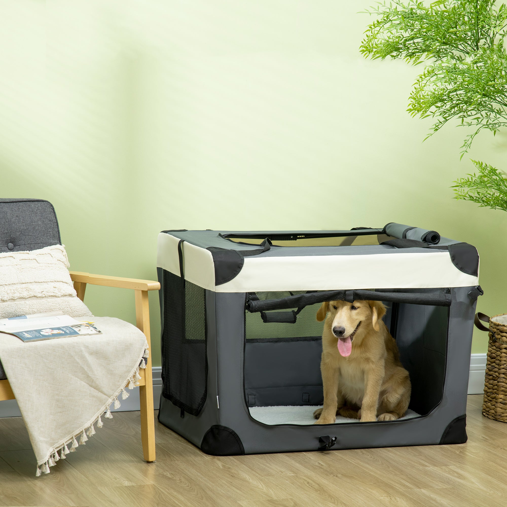 PawHut 91cm Foldable Pet Carrier, with Cushion, for Large Dogs and Cats - Grey - North Peak Garden Furniture