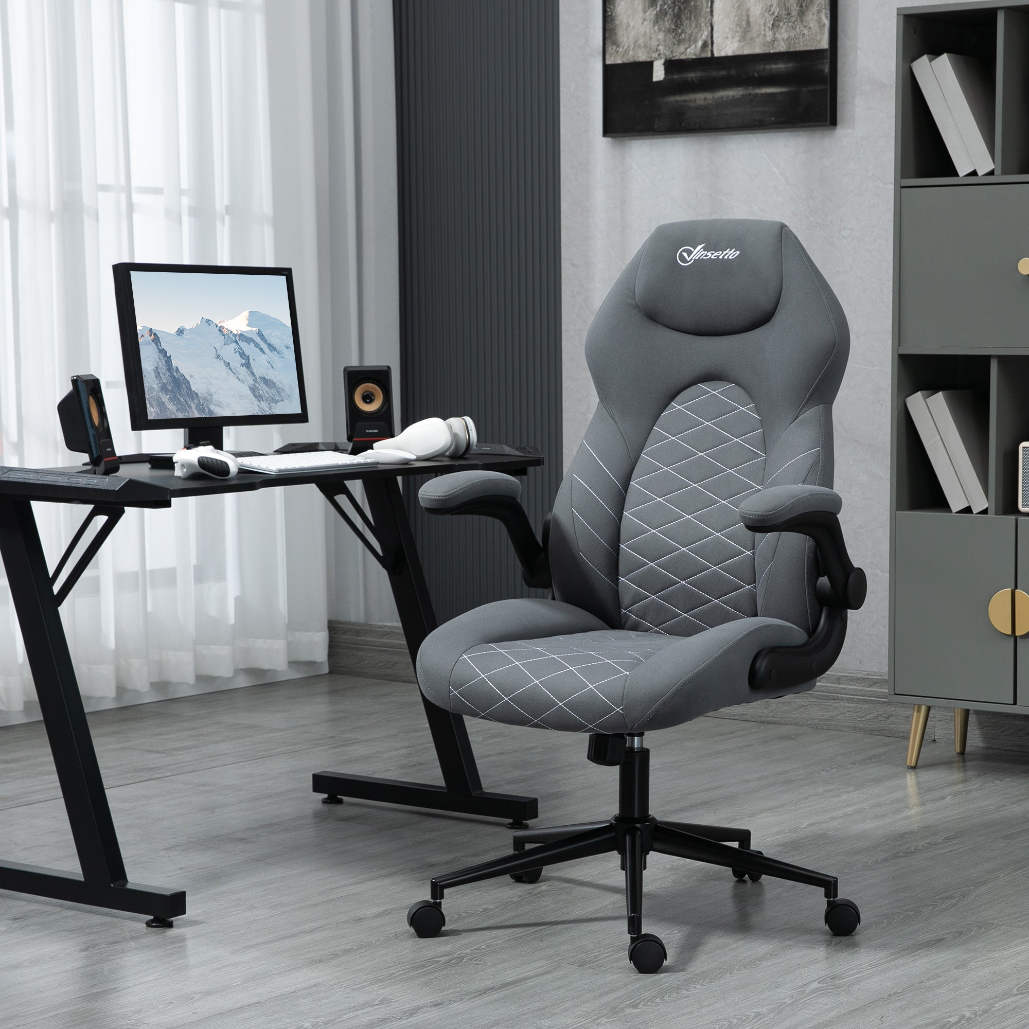 Vinsetto Home Office Desk Chair, Computer Chair with Flip Up Armrests, Swivel Seat and Tilt Function, Dark Grey - North Peak Garden Furniture