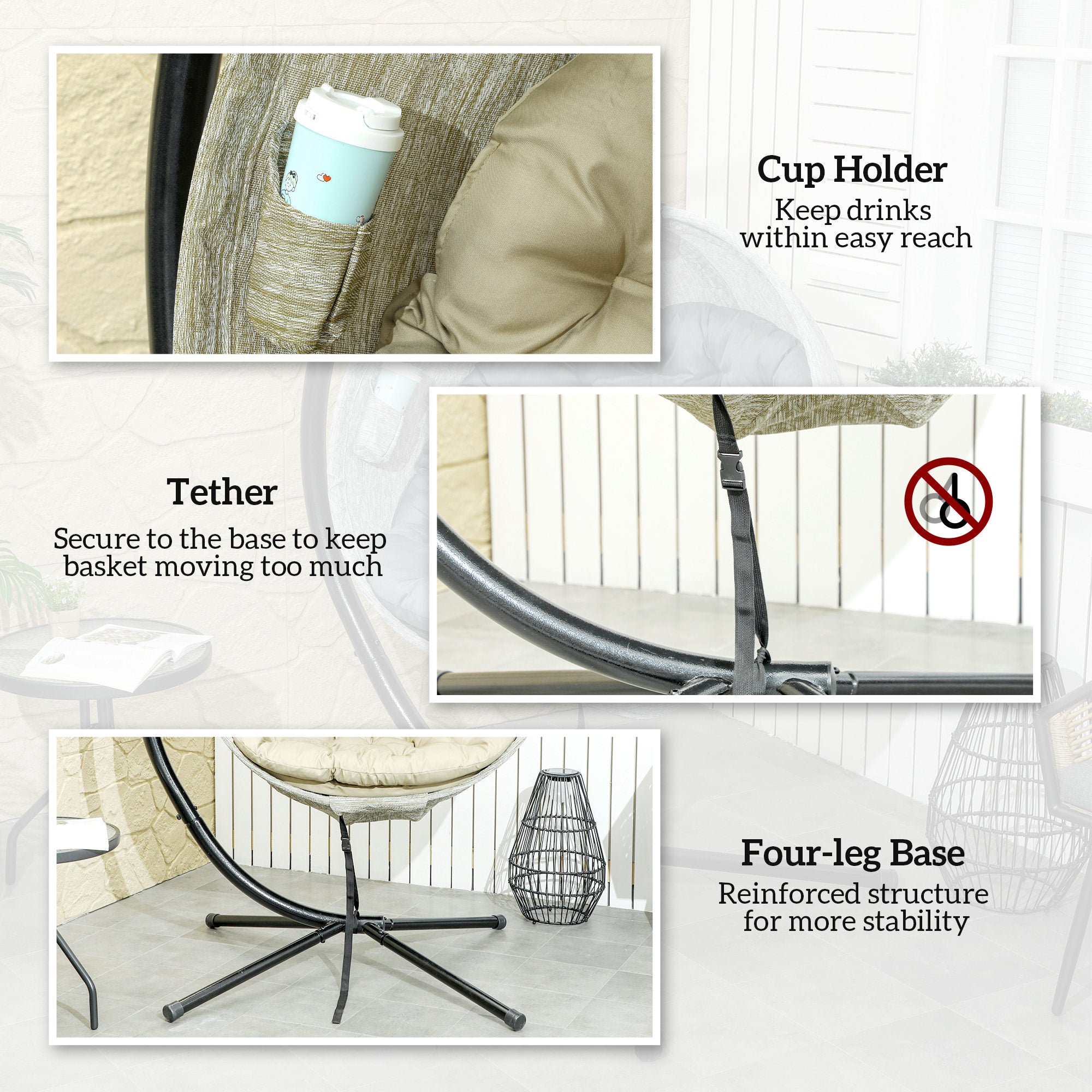 Outsunny Hanging Egg Chair Outdoor Indoor Garden Swing Chair with Folding Basket, Garden Hanging Chair with Stand, Thickened Cushion, Cup Holder for Patio, Balcony, Khaki - North Peak Garden Furniture