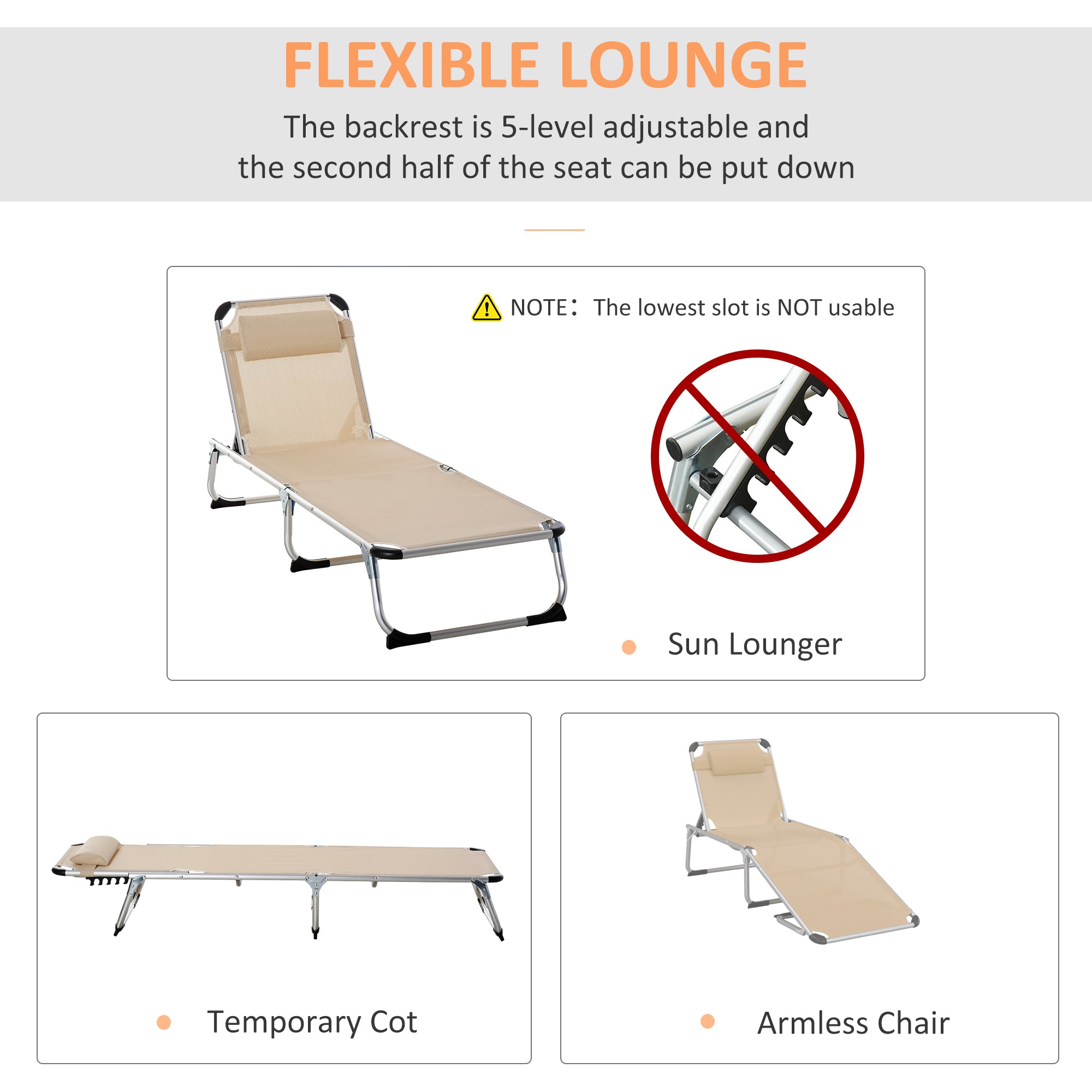 Outsunny 2 Pieces Foldable Outdoor Sun Lounger with Pillow, 5-Level Adjustable Reclining Lounge Chair, Aluminium Frame Camping Bed Cot, Khaki - North Peak Garden Furniture