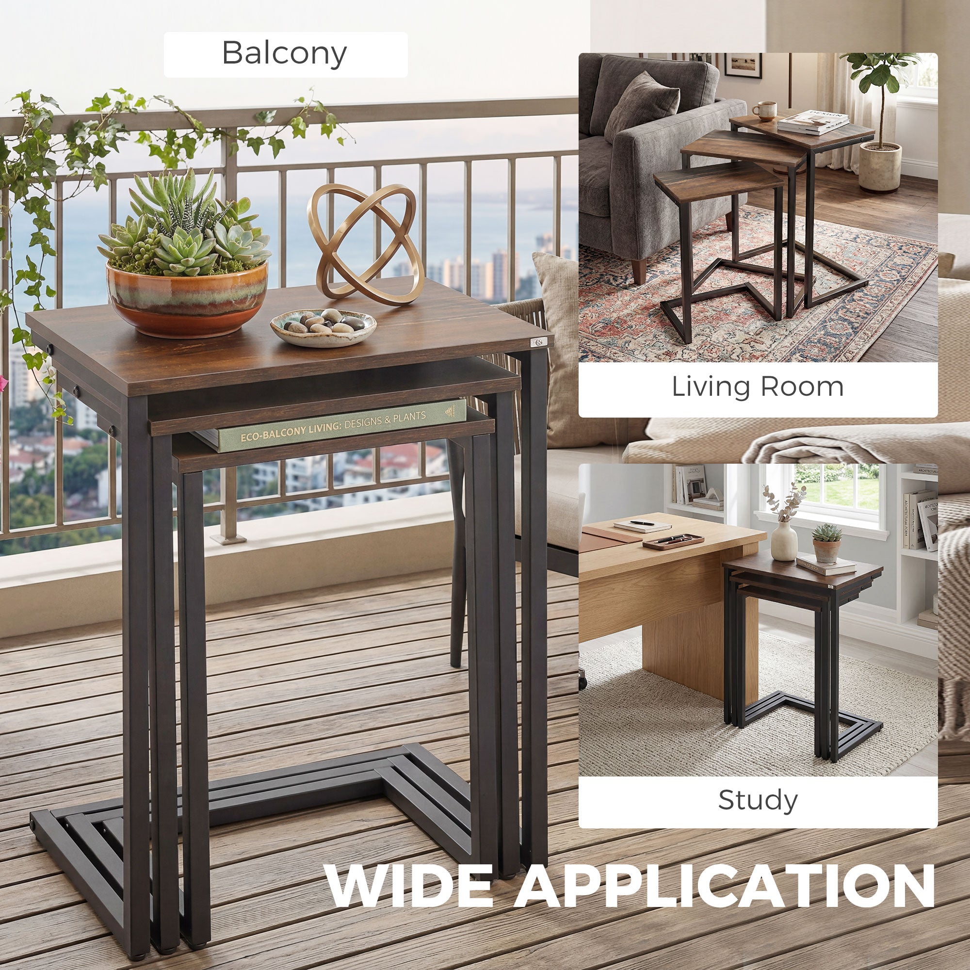 HOMCOM Nesting Side Tables Set of 3, C-Shaped Snack Side Tables with Steel Frame for Sofa Couch and Bed, Rustic Brown