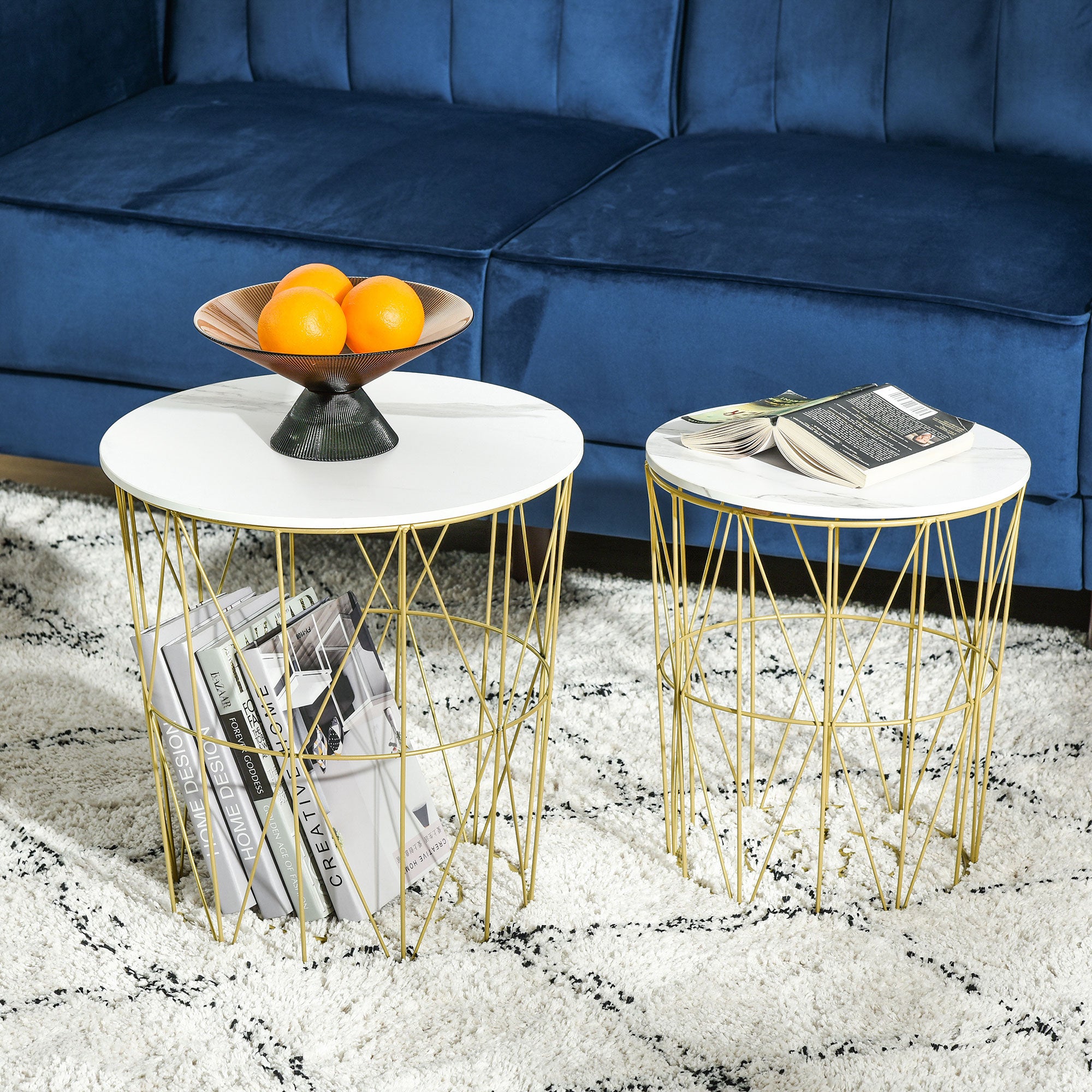 HOMCOM Set of 2 Nesting Side Tables with Storage, Round End Tables Coffee Tables with Steel Frame and Removable Round Top, for Living Room, bedroom, office, White - North Peak Garden Furniture