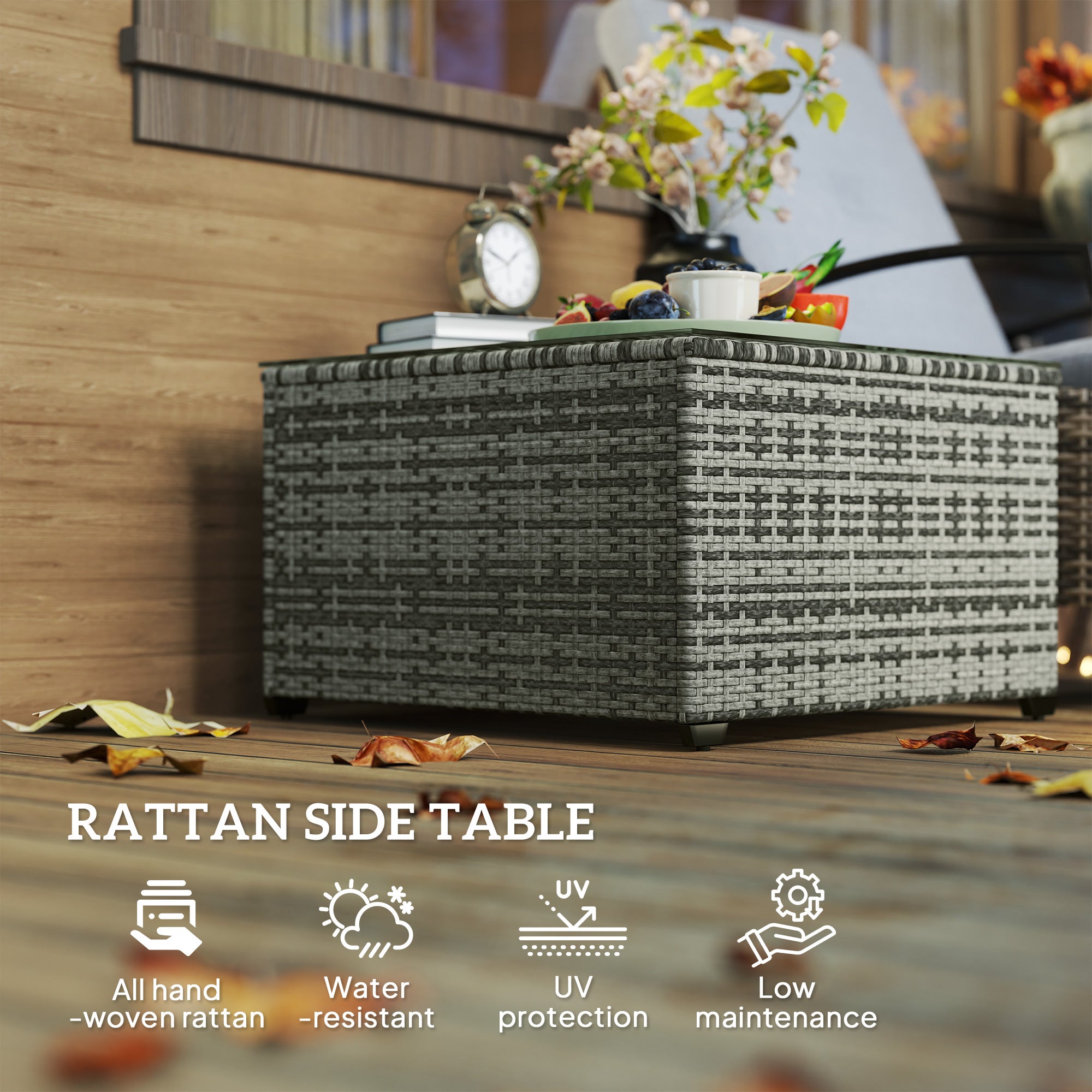 Outsunny 62 x 62cm Glass-Top Rattan Side Table - Light Grey - North Peak Garden Furniture