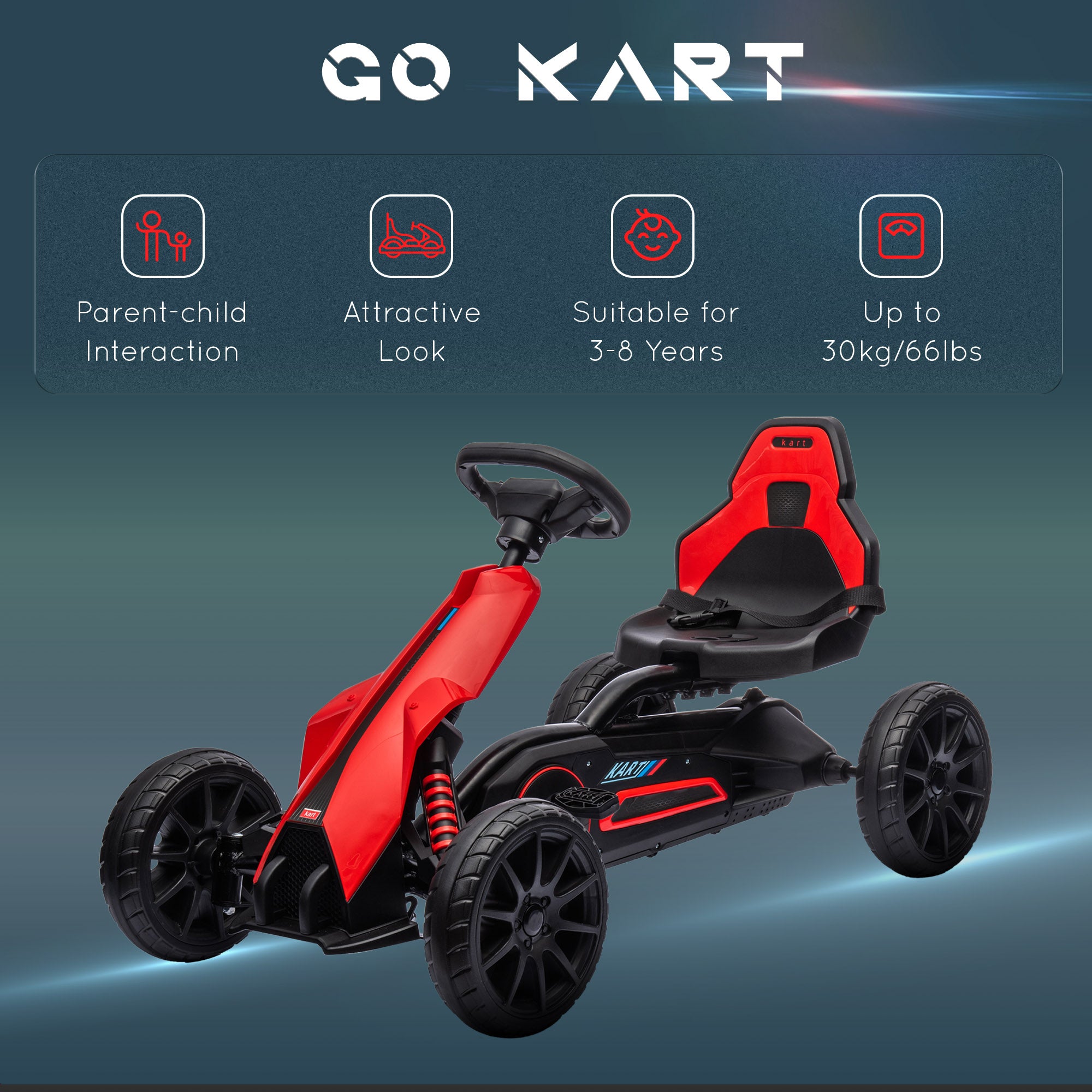 HOMCOM Kids Pedal Go Kart, with Adjustable Seat, EVA Wheels, Seat, Handbrake - Red - North Peak Garden Furniture