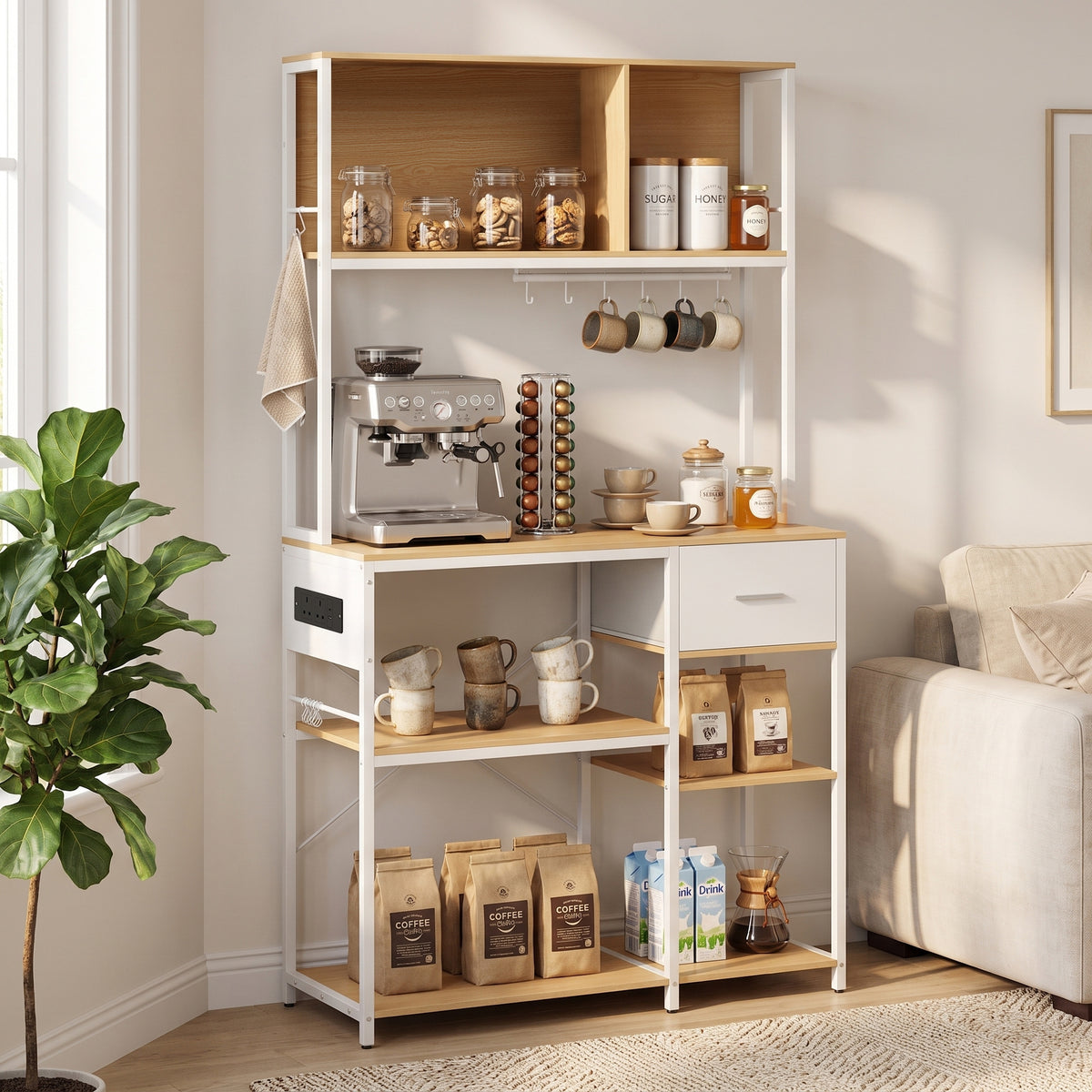 HOMCOM Kitchen Storage Rack with Power Outlet, USB and Type-C Ports, Drawer, Shelves and 4 Hooks, Oak and White