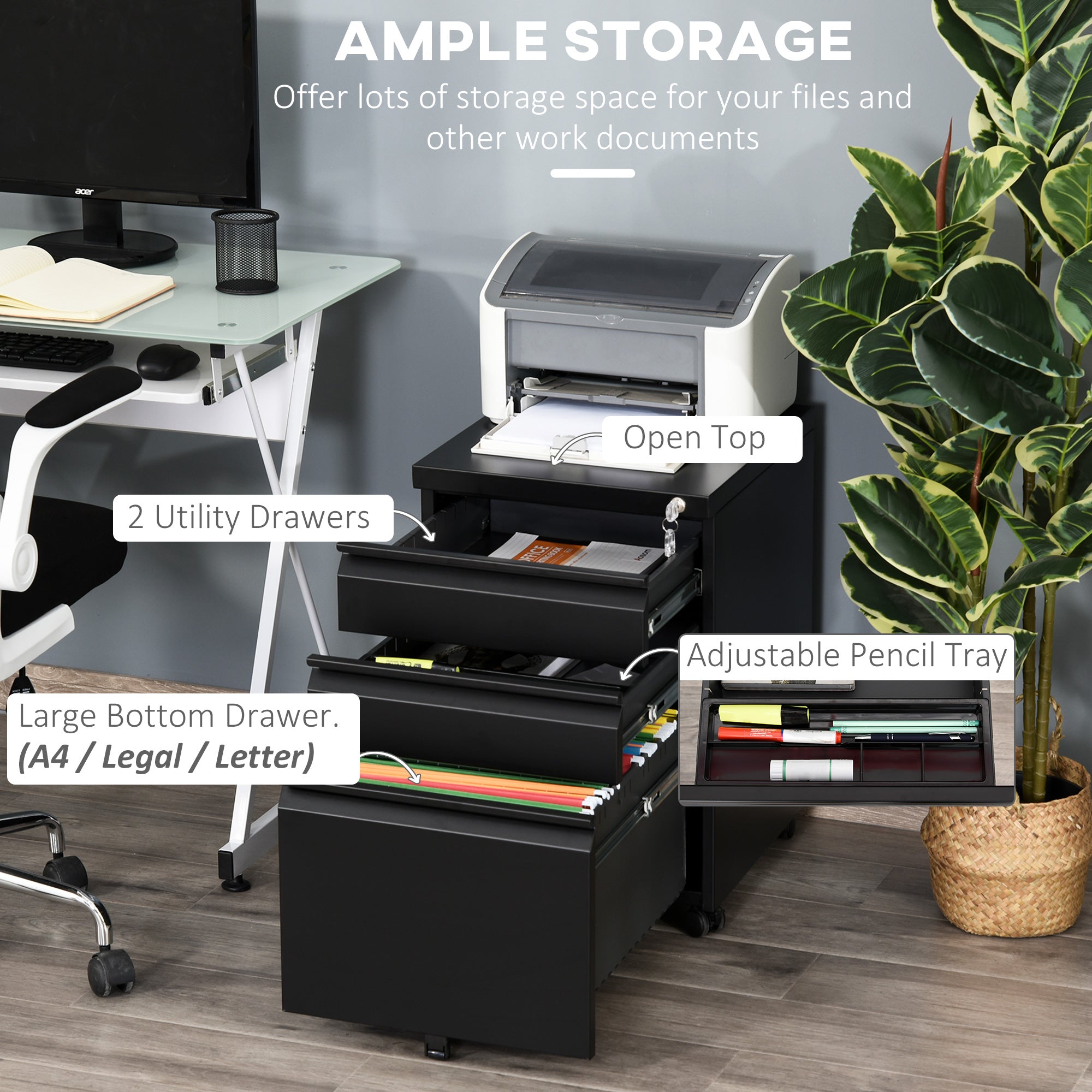 Vinsetto 3 Drawer Filling Cabinet, Mobile Metal File Cabinet with Anti-tilt Design for Letter, A4, Legal Size, Black - North Peak Garden Furniture