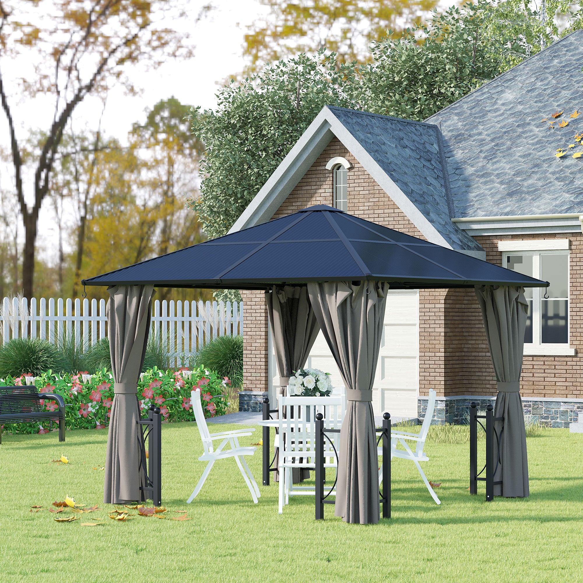 Outsunny 3 x 3(m) Hardtop Gazebo Canopy with Polycarbonate Roof, Steel & Aluminium Frame, Garden Pavilion with Mosquito Netting and Curtains, Black - North Peak Garden Furniture