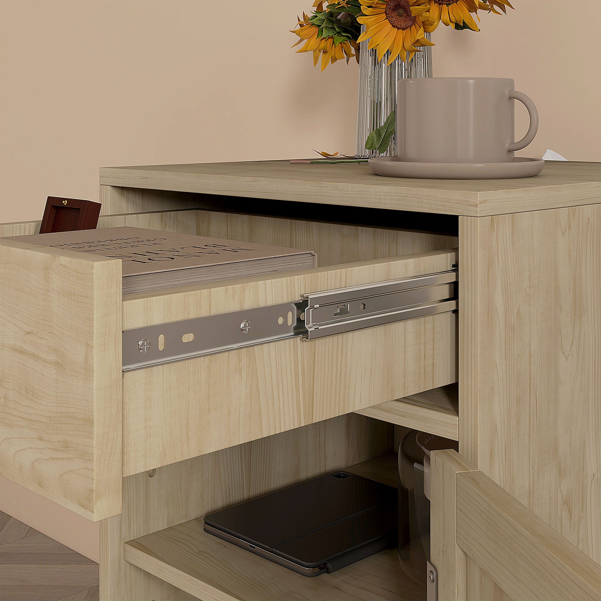 HOMCOM Bedside Table, Rattan Side Tables with Drawer, Cabinet and Adjustable Shelf, Boho Bedside Cabinet with Storage for Bedroom, Living Room, Natural Wood Effect - North Peak Garden Furniture