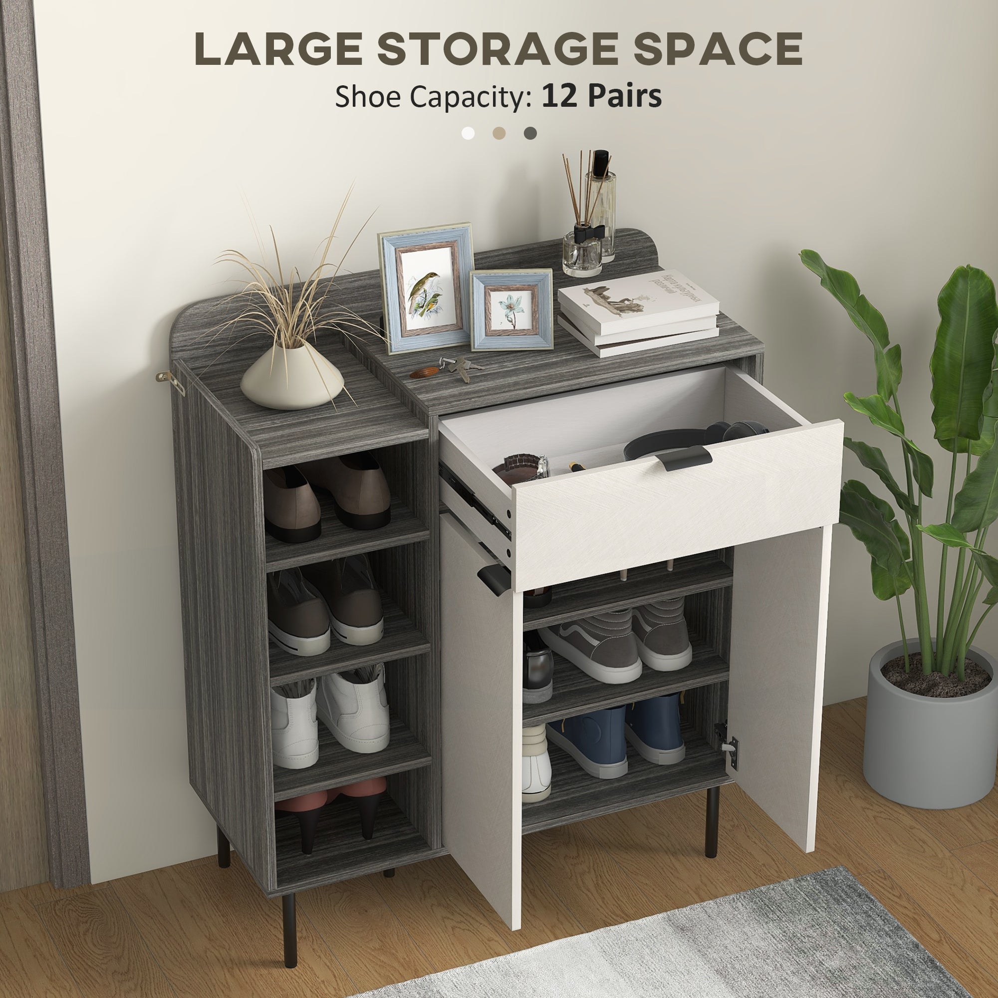 HOMCOM Modern and Minimal 12 Shoe Storage Cabinet - Grey/White - North Peak Garden Furniture