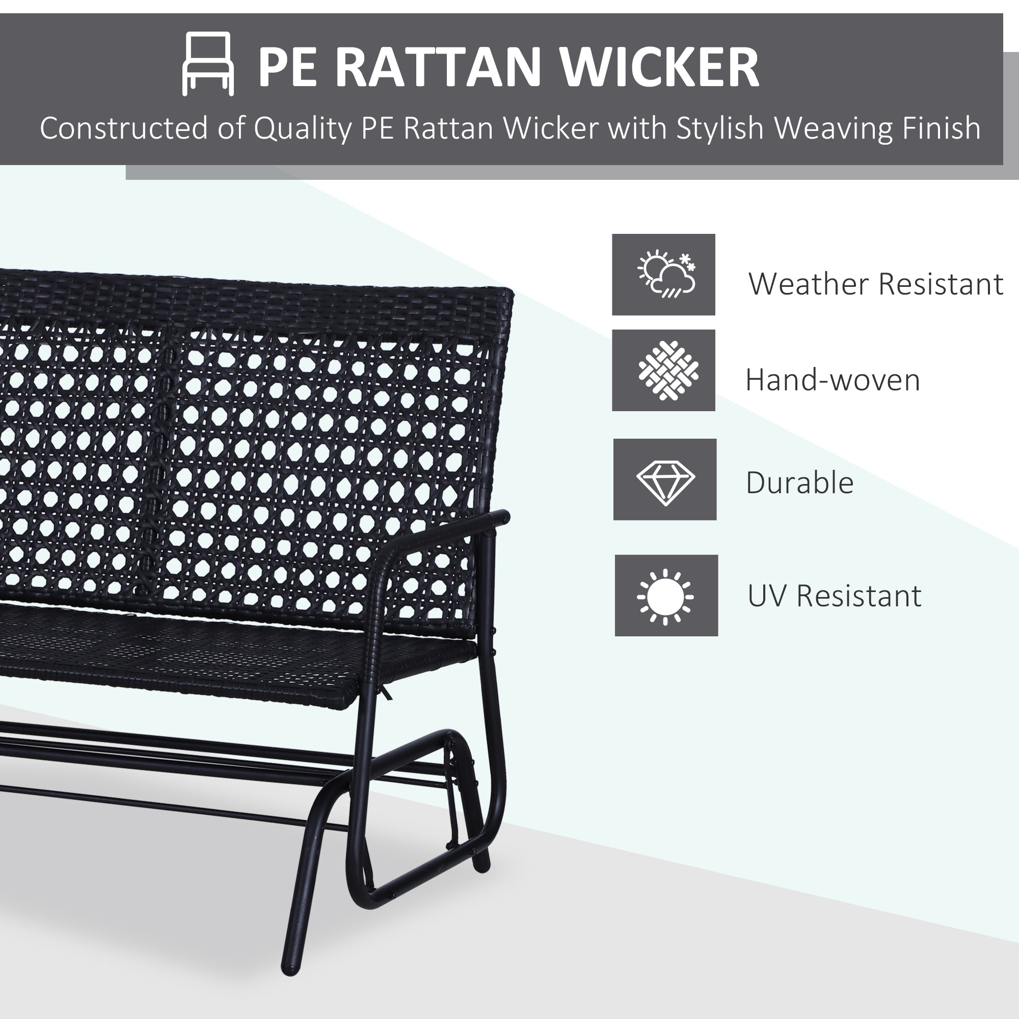 Outsunny 2 Seater PE Rattan Glider Bench, Outdoor Loveseat Chair with Steel Frame, Porch Rocking Glider for 2 Person with Armchair, High Back, Black - North Peak Garden Furniture