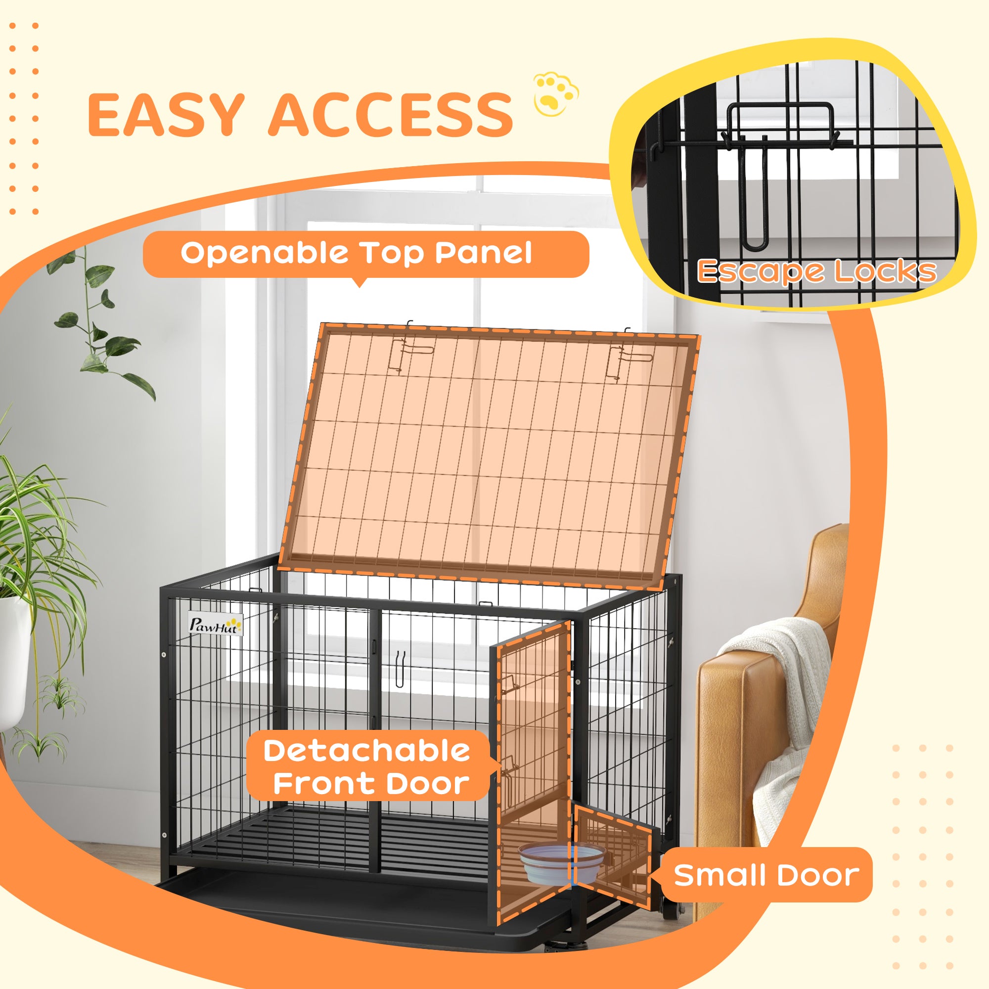 PawHut Heavy Duty Dog Crate on Wheels w/ Bowl Holder, Removable Tray, Openable Top, Detachable Door, for M, L Dogs - North Peak Garden Furniture