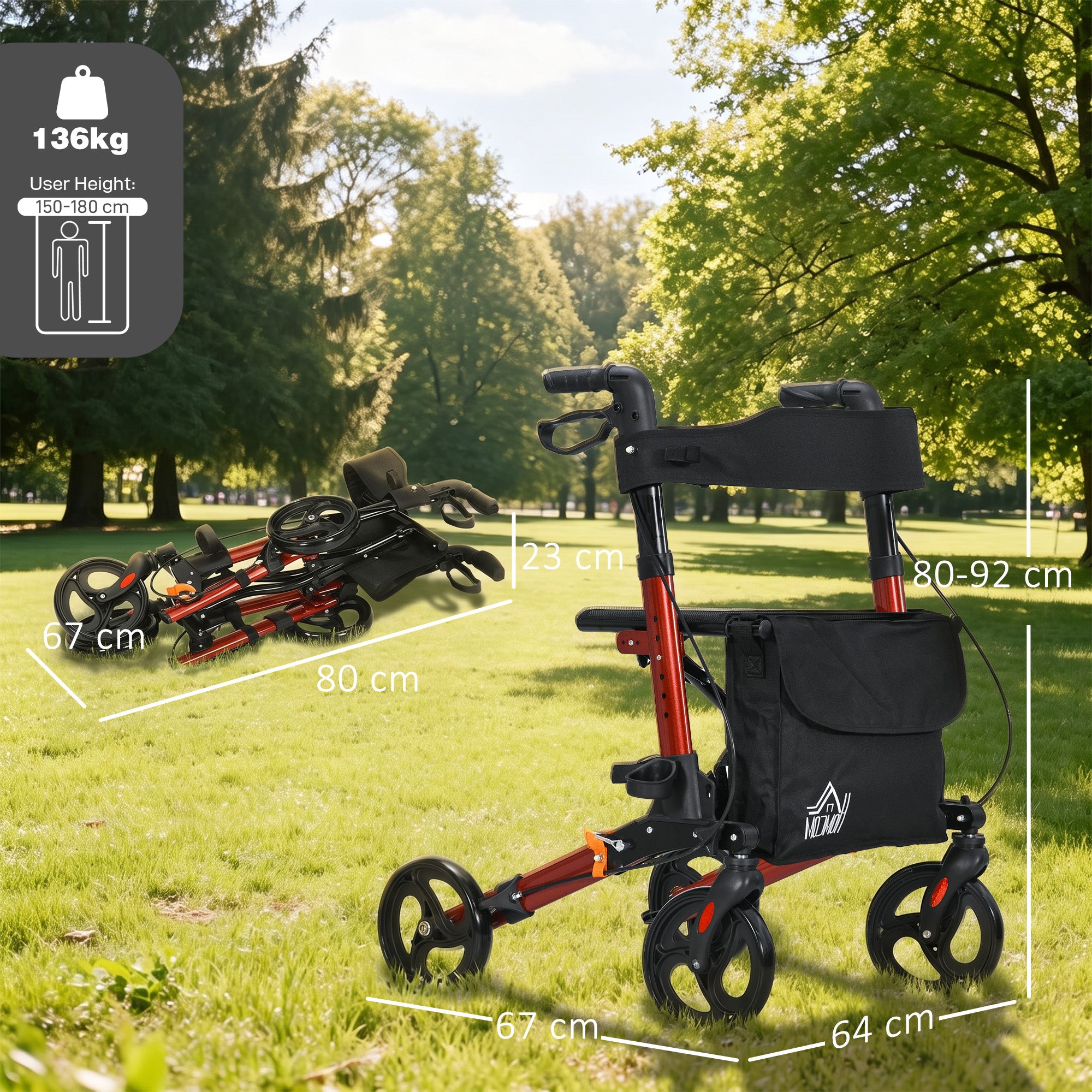 HOMCOM 4 Wheel Rollator with Seat and Back, Folding Mobility Walker with Carry Bag, Adjustable Height, Dual Brakes, Cane Holder, Lightweight Aluminium Walking Frame for Seniors and Disabled, Red