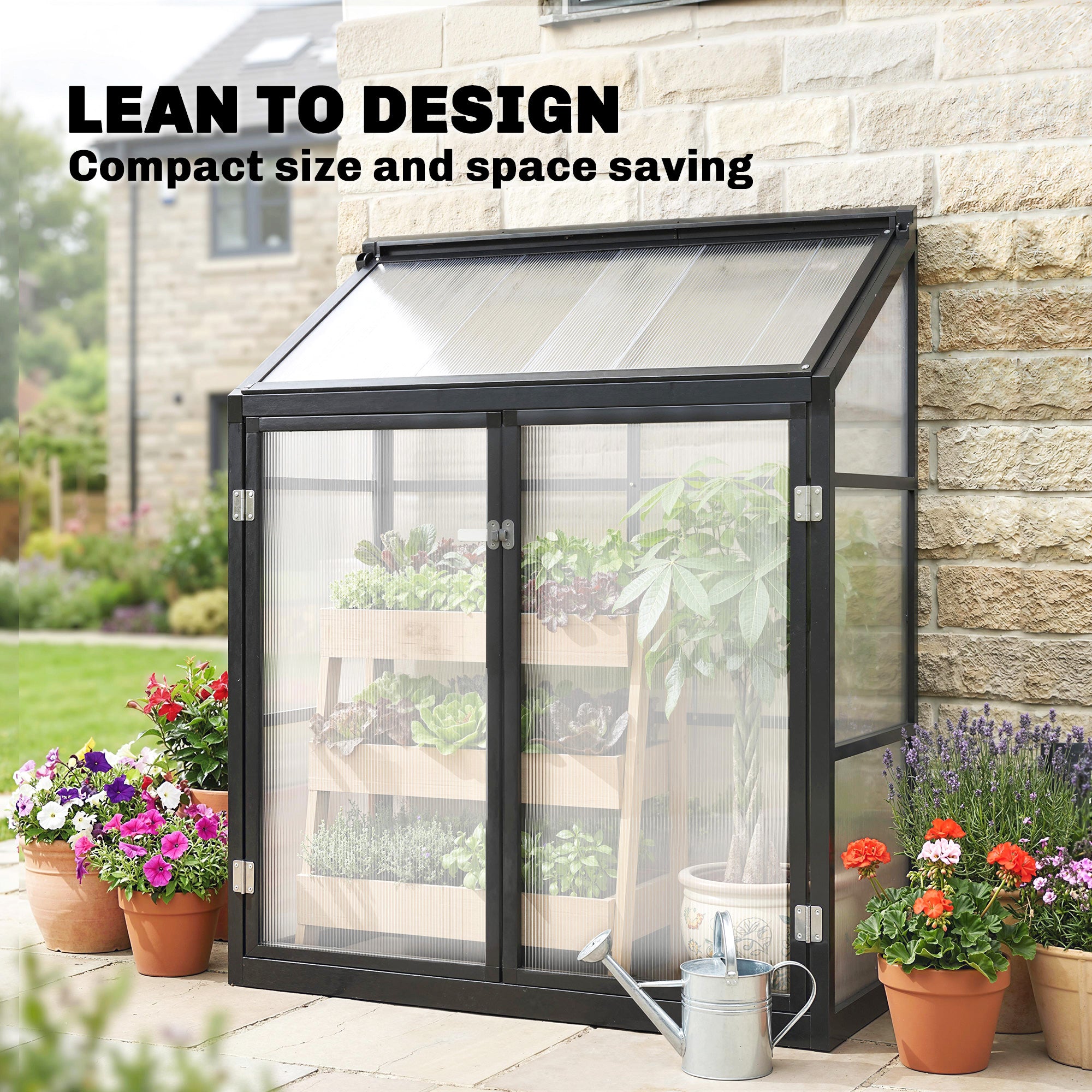 Outsunny 4 x 2ft Polycarbonate Greenhouse, Quick Setup, Lean-to Green House with 2 Hinged Doors, Top Vent, Black
