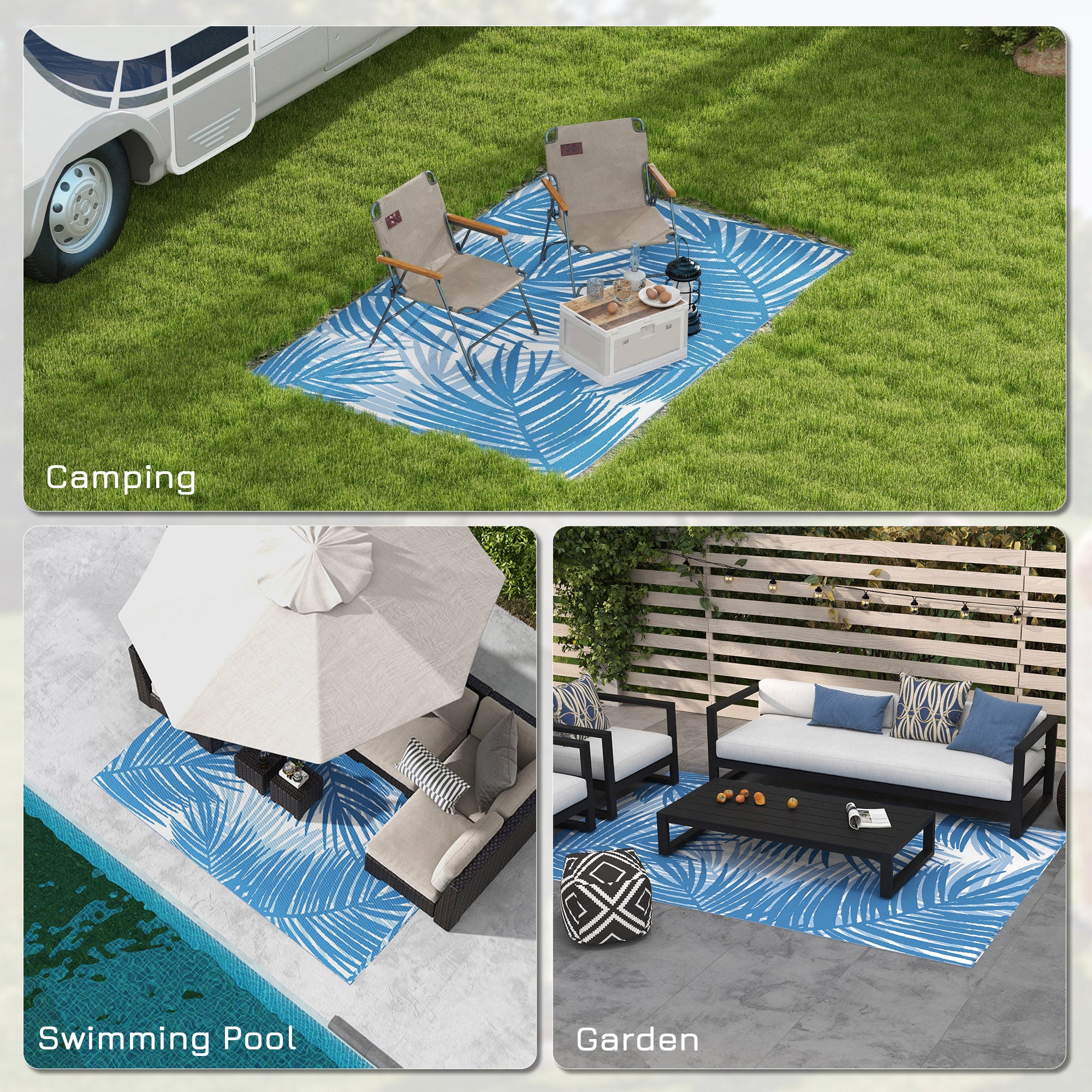 Outsunny Plastic Straw Reversible RV Outdoor Rug with Carry Bag, 182 x 274cm, Blue and Cream - North Peak Garden Furniture
