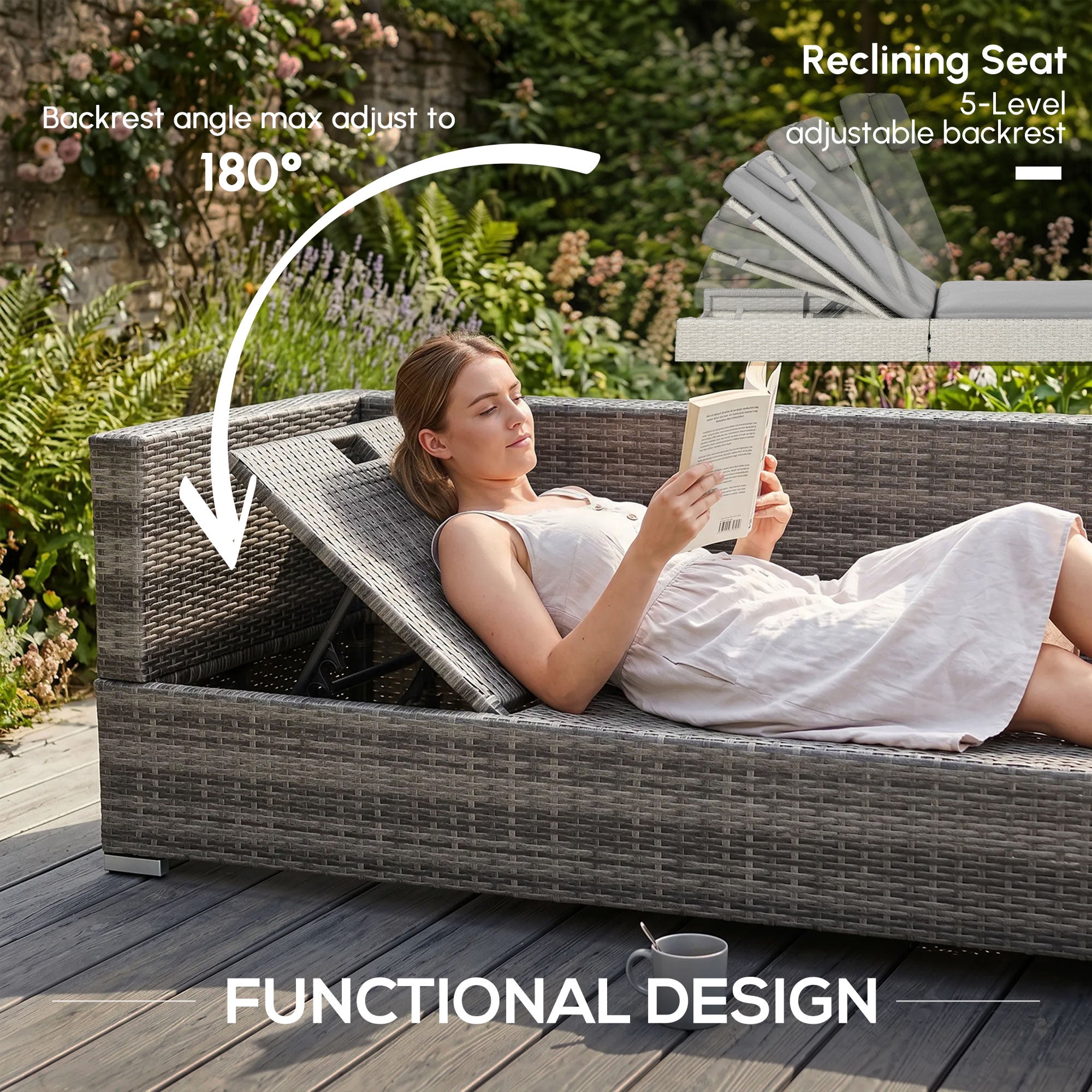 Outsunny 3PC Rattan Garden Furniture Storage Sofa Set 4 Seater Wicker Coffee Table Conservatory Sun Lounger Reclining Set Outdoor Weave with Cushion Grey