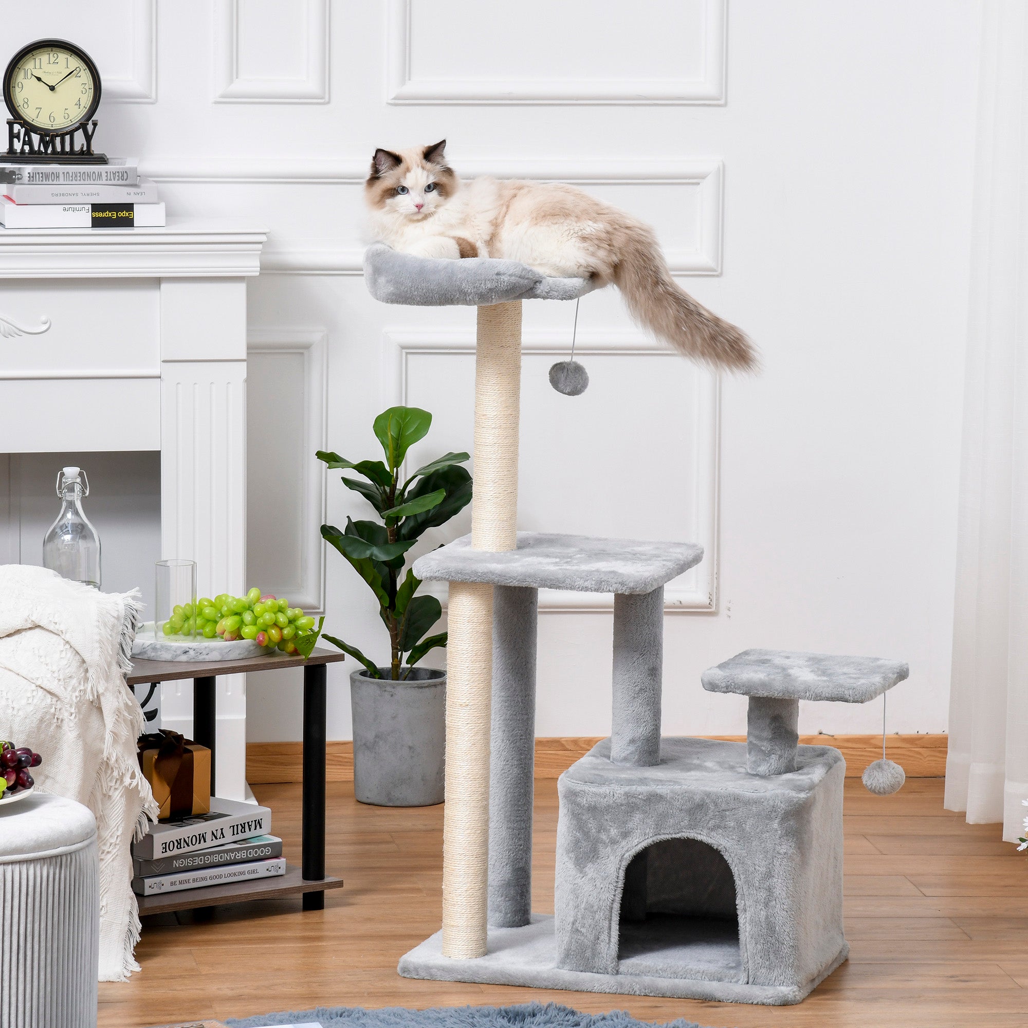 PawHut Feline Fun Tower: 114cm Tall Activity Centre with Scratching Posts, Perch, Dangling Ball & Condo, Light Grey