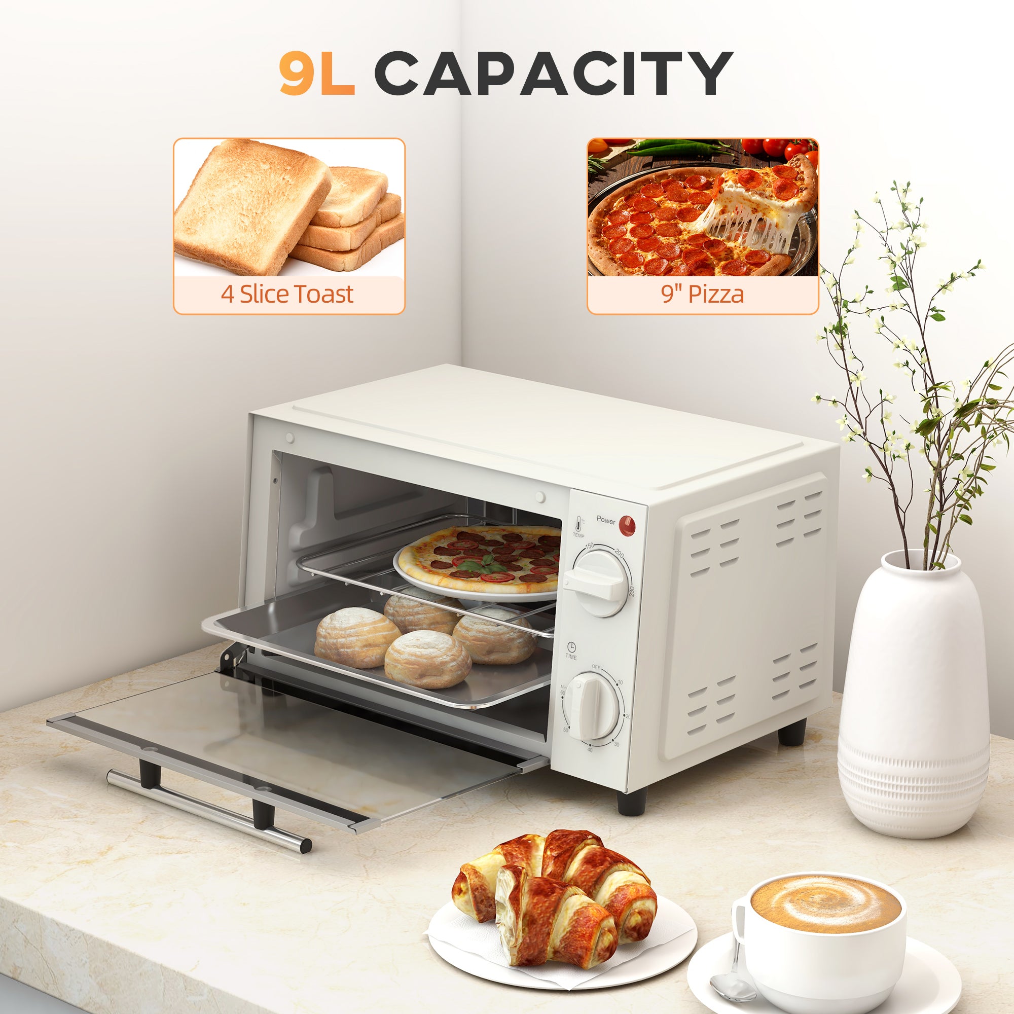 HOMCOM Mini Oven, 9L Countertop Electric Grill, Toaster Oven with Adjustable Temperature, Timer, Dishwasher Safe Baking Tray and Wire Rack, 750W, Cream - North Peak Garden Furniture